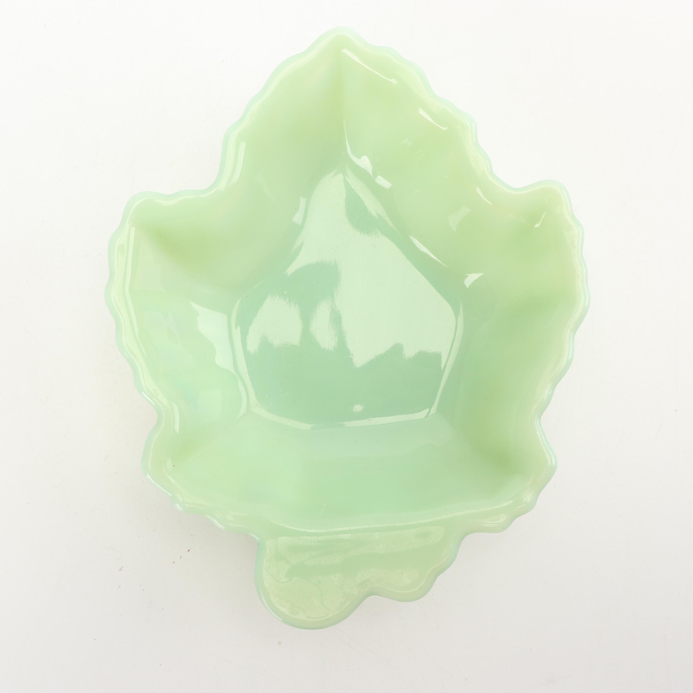 Anchor Hocking "Jade-ite" Glass Leaf Dish with Footed Bowl, Mid-Century