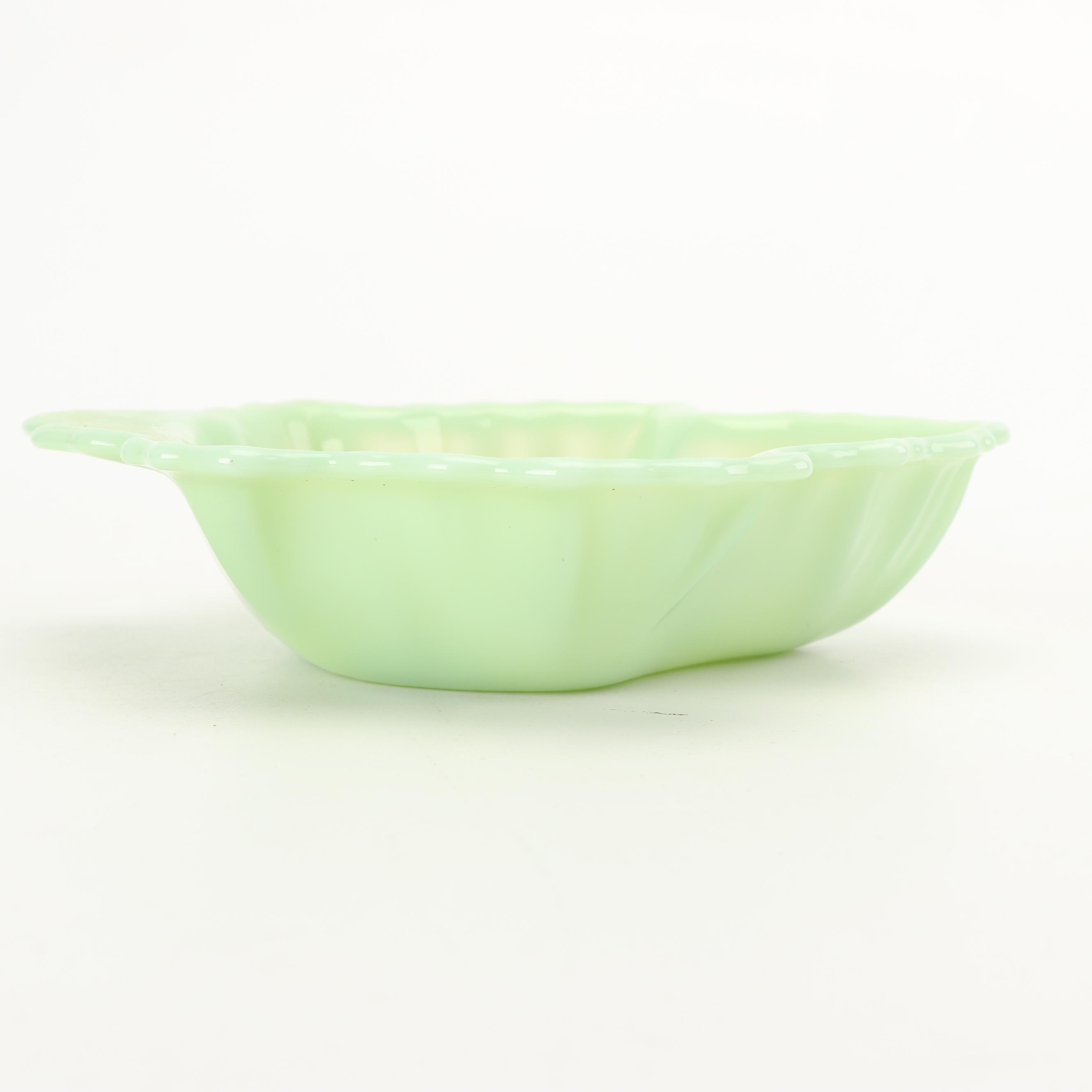 Anchor Hocking "Jade-ite" Glass Leaf Dish with Footed Bowl, Mid-Century