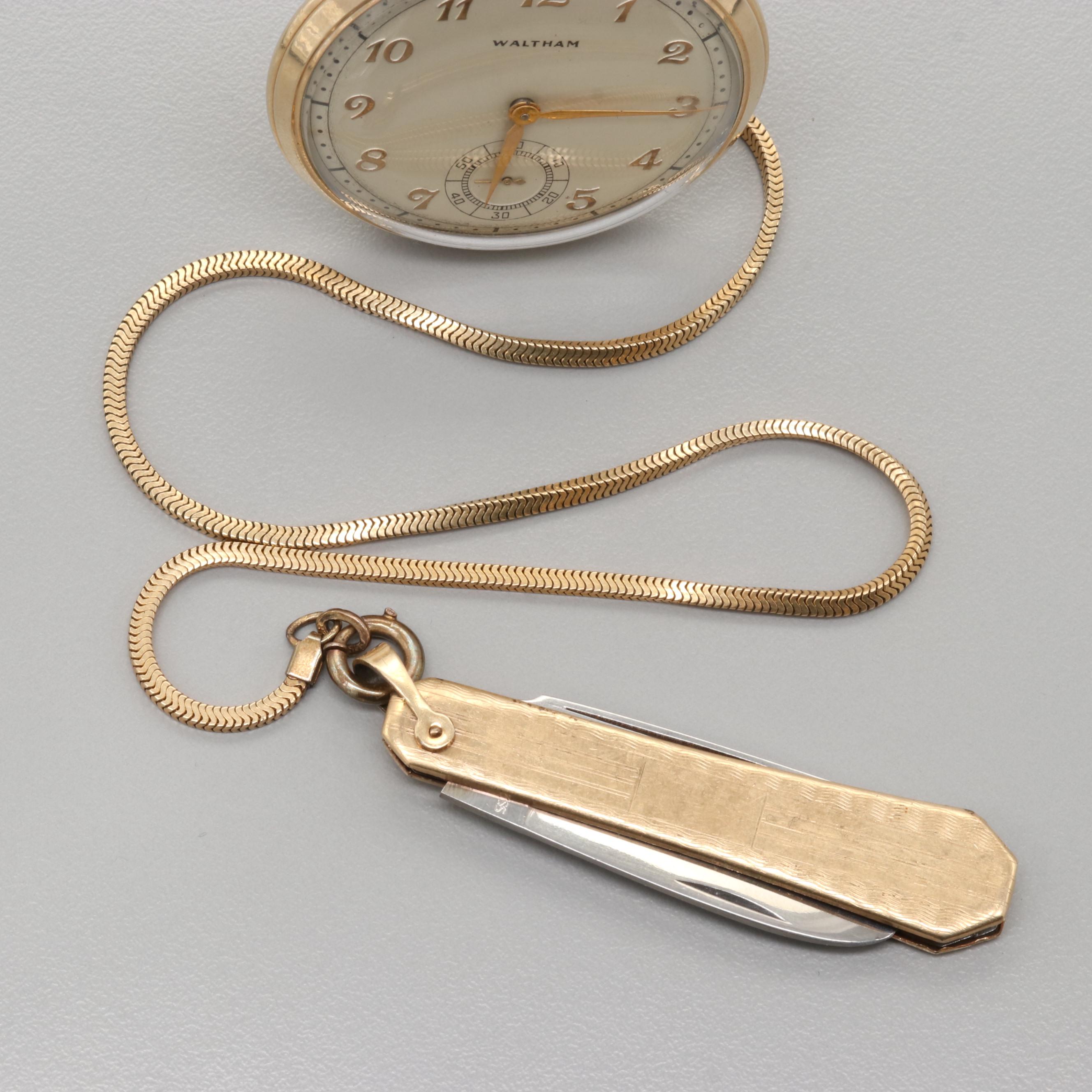 Waltham 10K Gold Filled Pocket Watch With Pocket Knife Fob Chain, 1944
