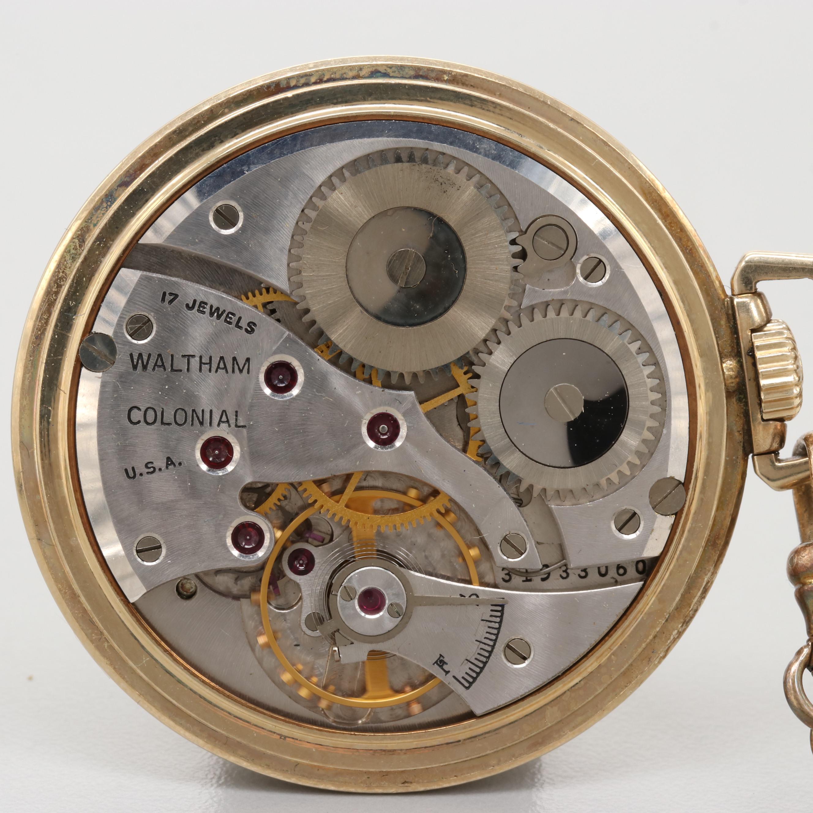 Waltham 10K Gold Filled Pocket Watch With Pocket Knife Fob Chain, 1944