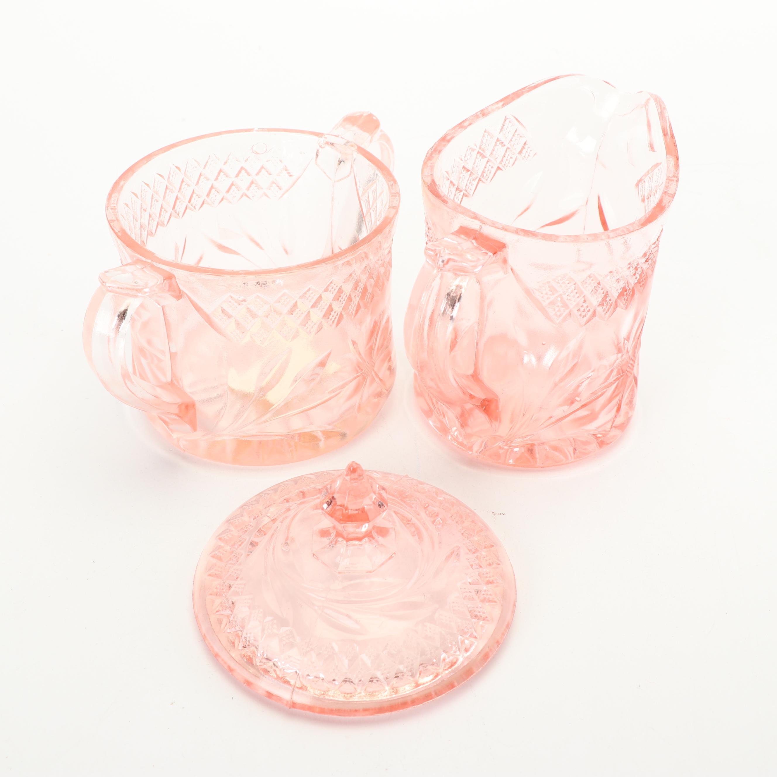 Pink Depression Glass Serveware including US Glass "Floral and Diamond"