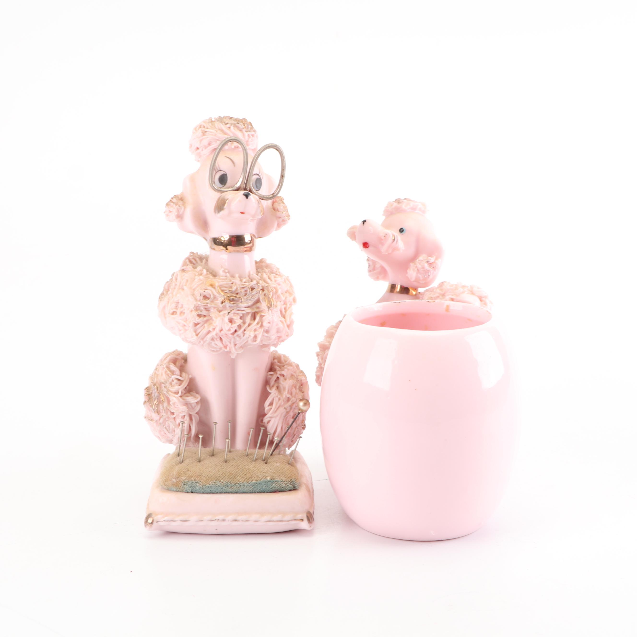 Lenwile-Ardalt Pink "Spaghetti" Poodle Pincushion with Lefton Vase, Mid-Century