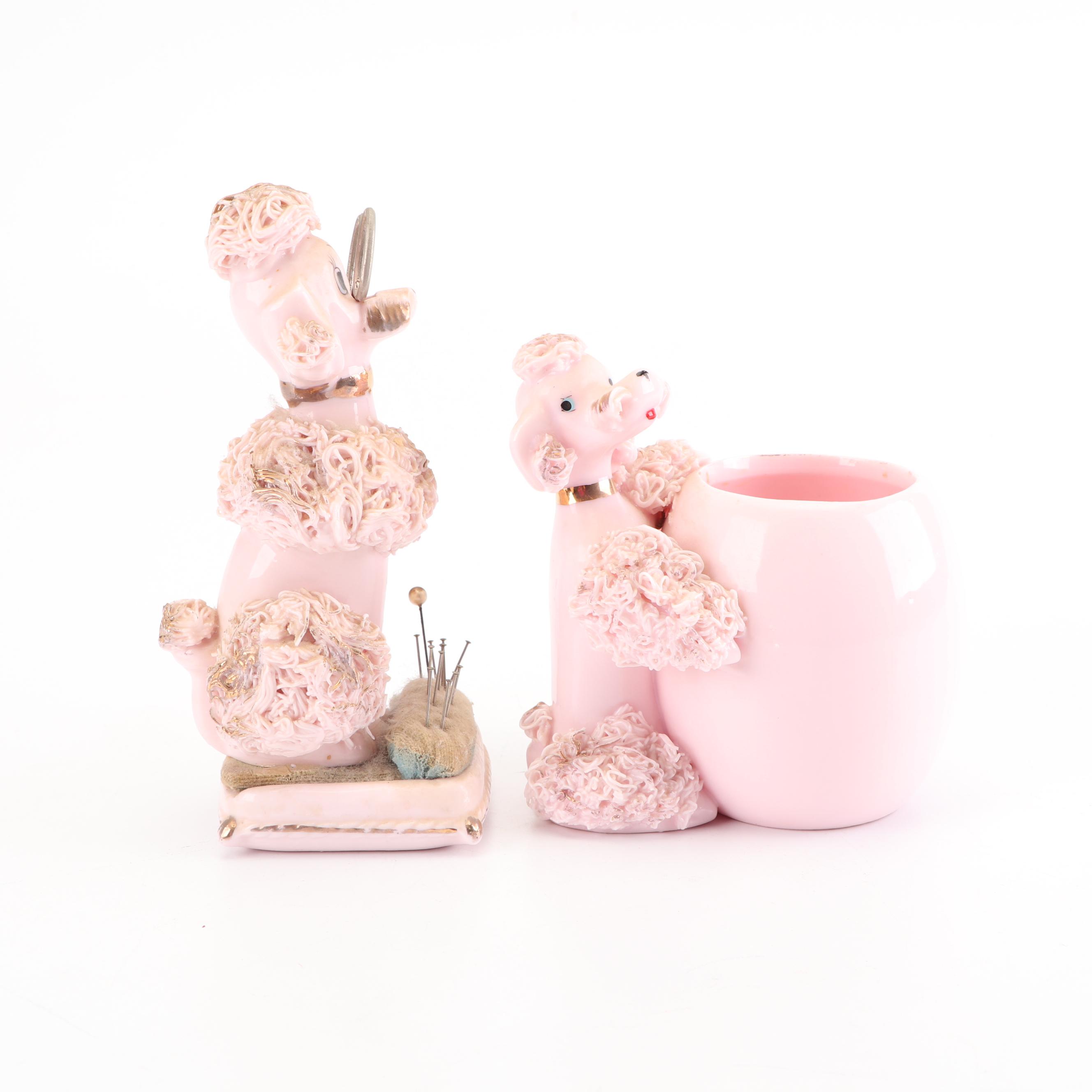 Lenwile-Ardalt Pink "Spaghetti" Poodle Pincushion with Lefton Vase, Mid-Century