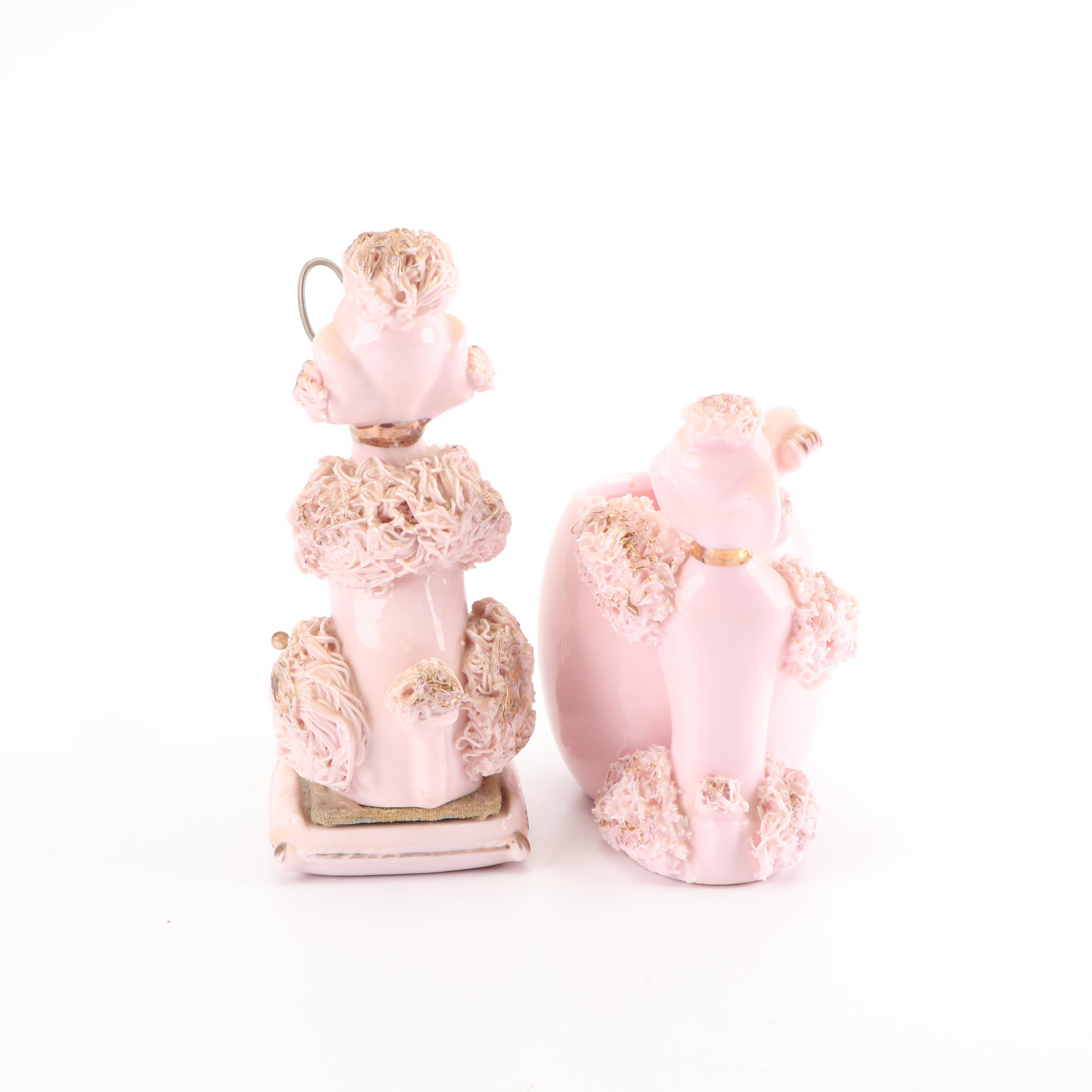 Lenwile-Ardalt Pink "Spaghetti" Poodle Pincushion with Lefton Vase, Mid-Century