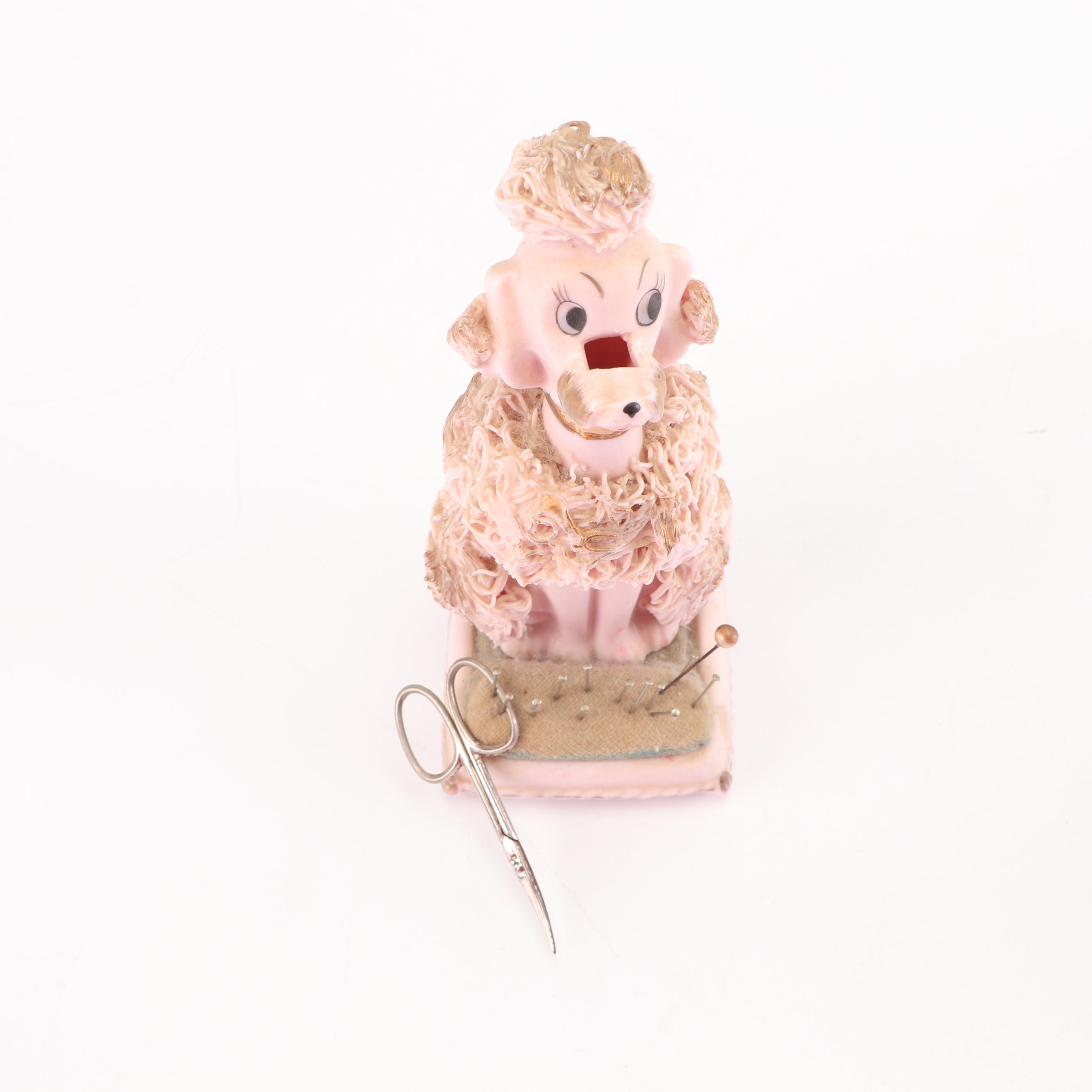 Lenwile-Ardalt Pink "Spaghetti" Poodle Pincushion with Lefton Vase, Mid-Century