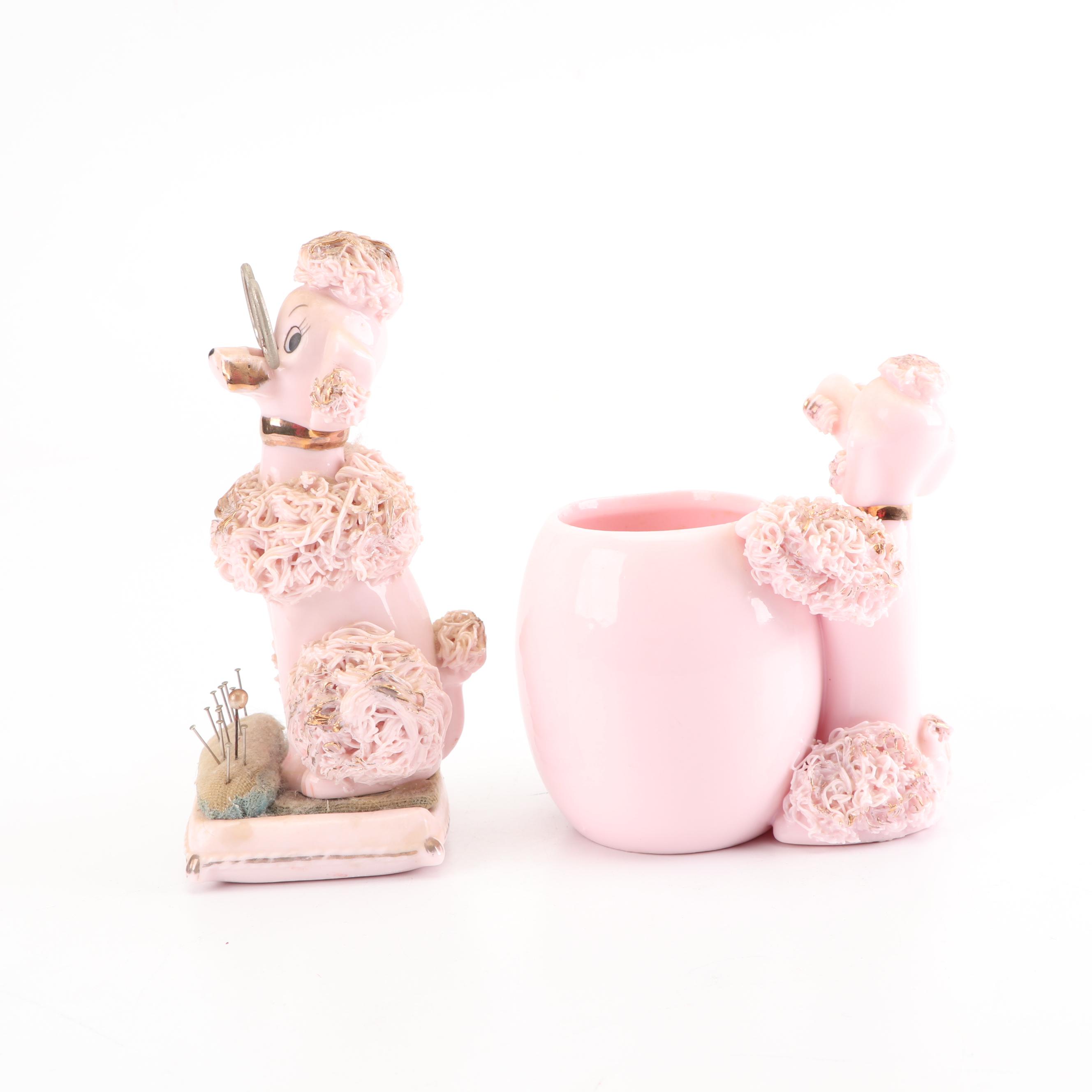 Lenwile-Ardalt Pink "Spaghetti" Poodle Pincushion with Lefton Vase, Mid-Century