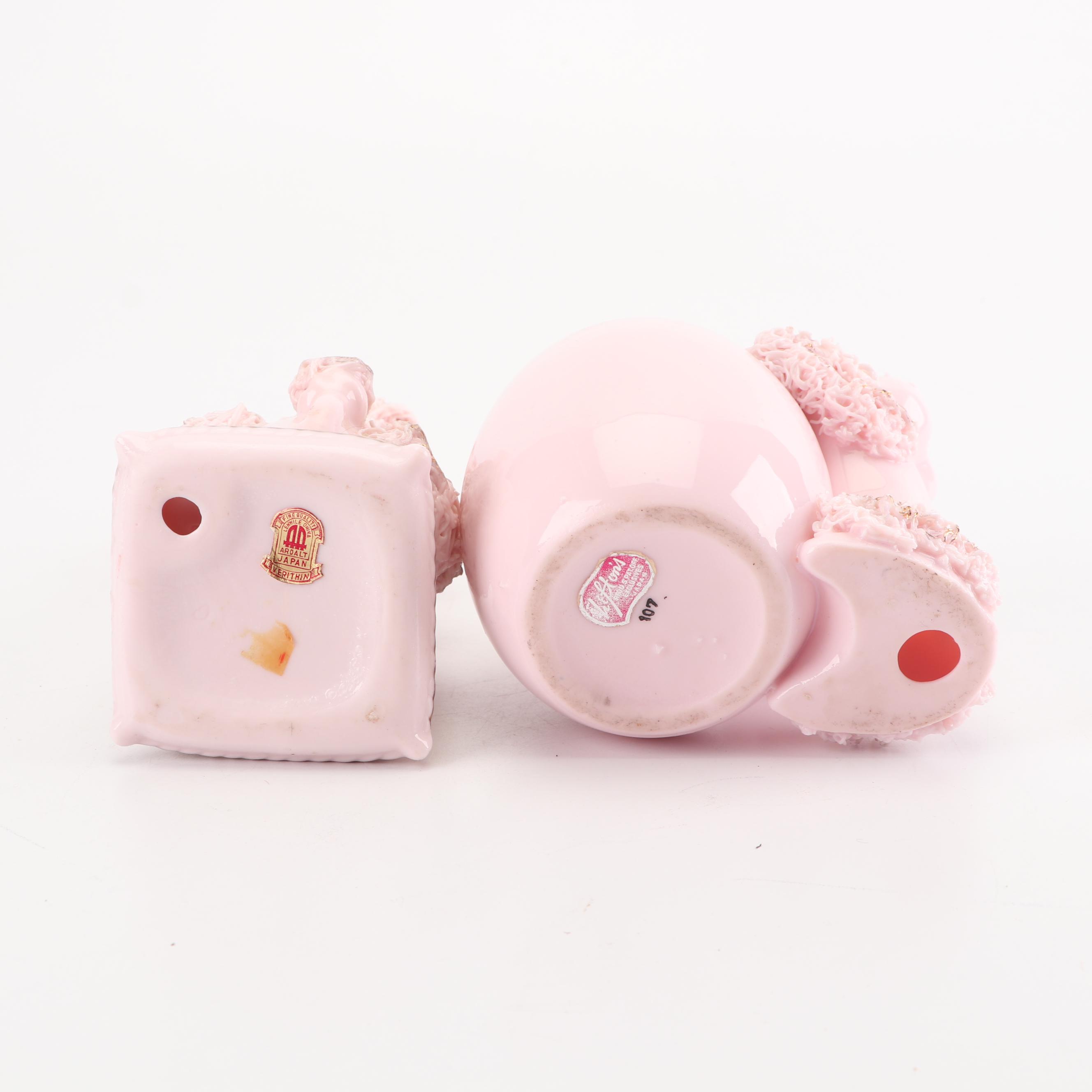 Lenwile-Ardalt Pink "Spaghetti" Poodle Pincushion with Lefton Vase, Mid-Century