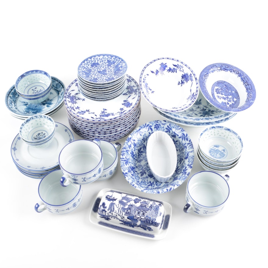Vintage and Modern Blue and White Patterned Tableware Including Adderley
