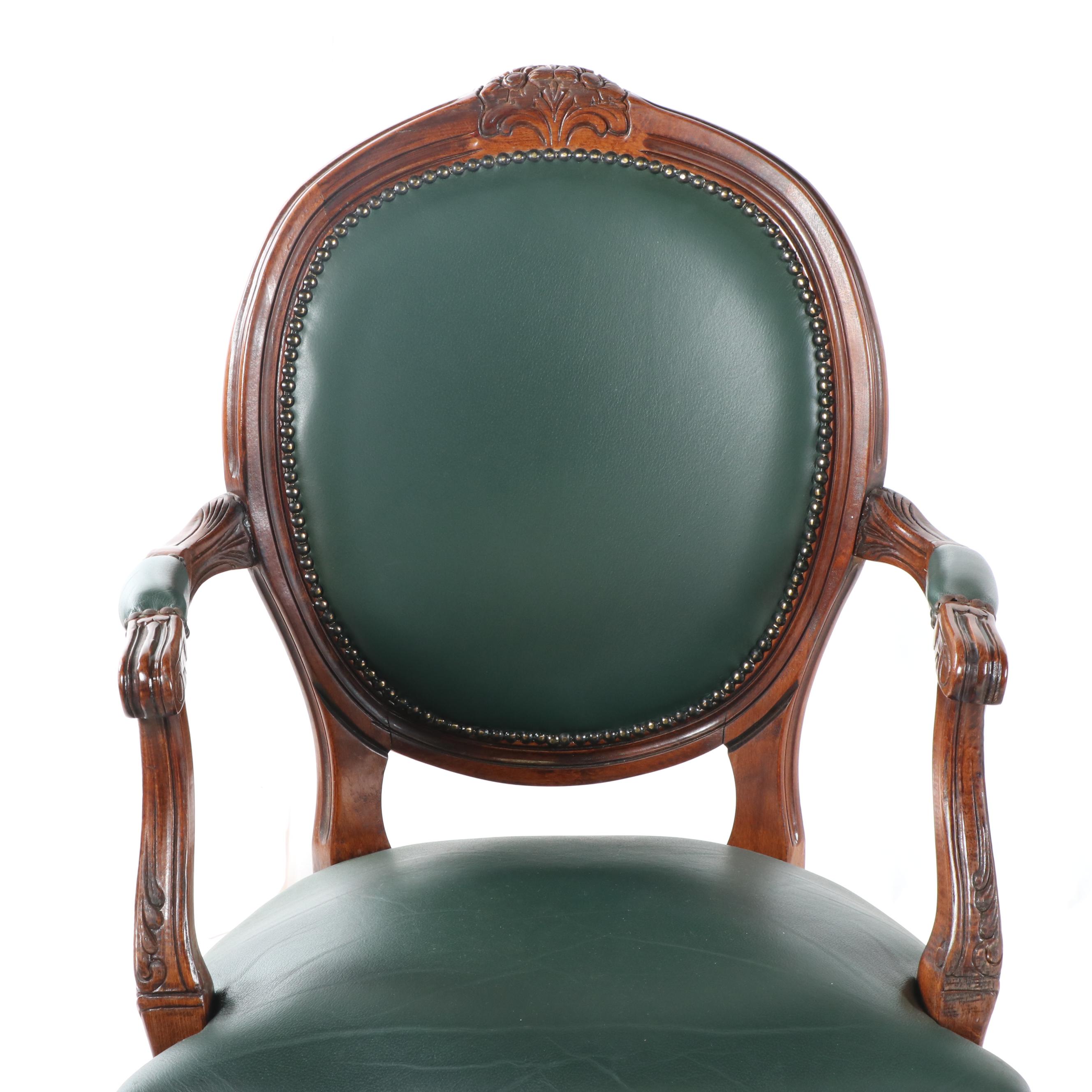 French Provincial Style Carved Wood Frame Leather Upholstered Armchair, 20th C.
