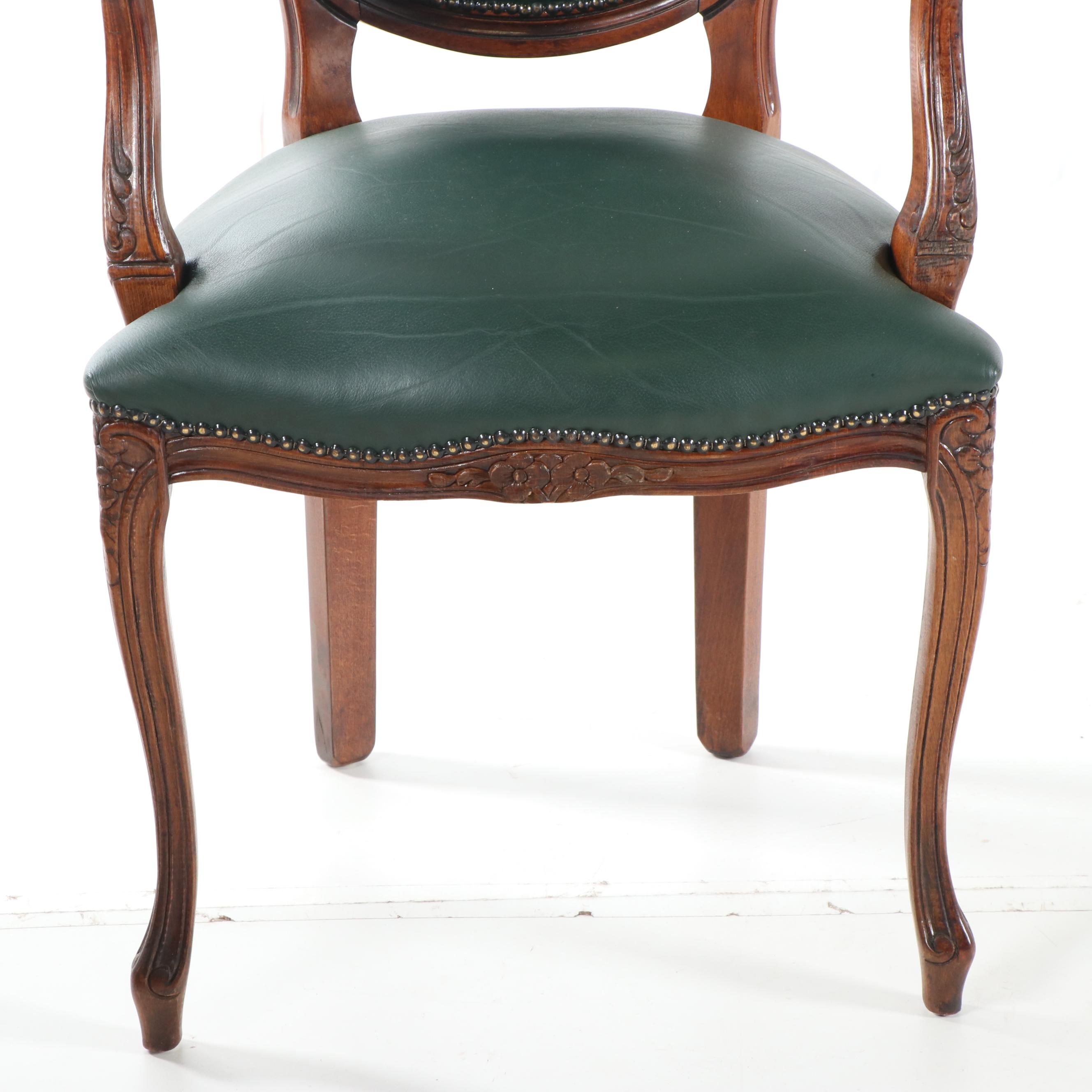French Provincial Style Carved Wood Frame Leather Upholstered Armchair, 20th C.