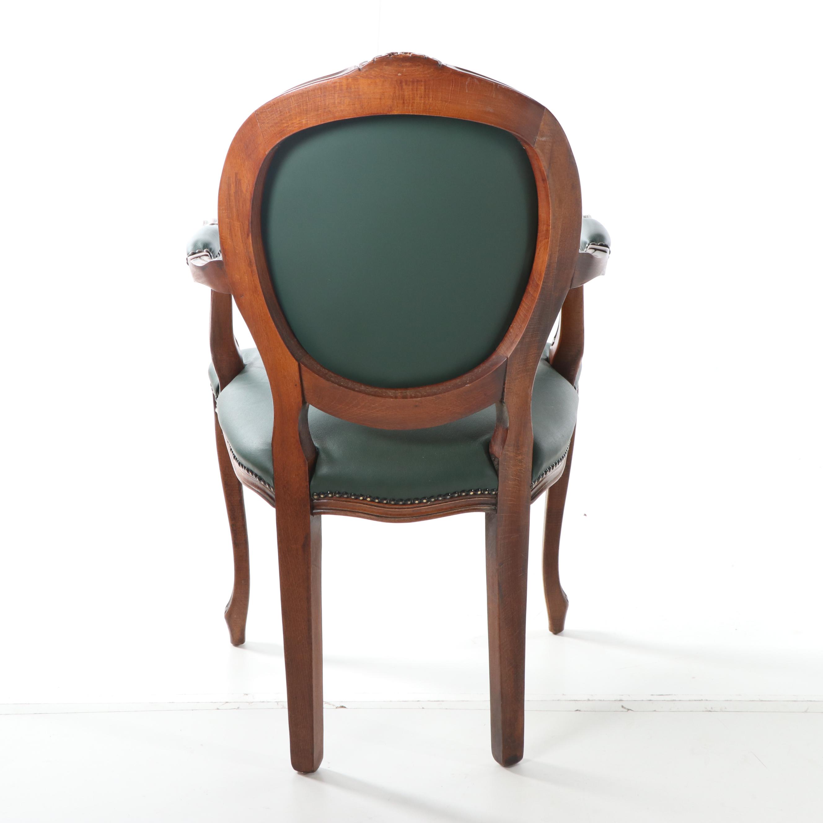 French Provincial Style Carved Wood Frame Leather Upholstered Armchair, 20th C.