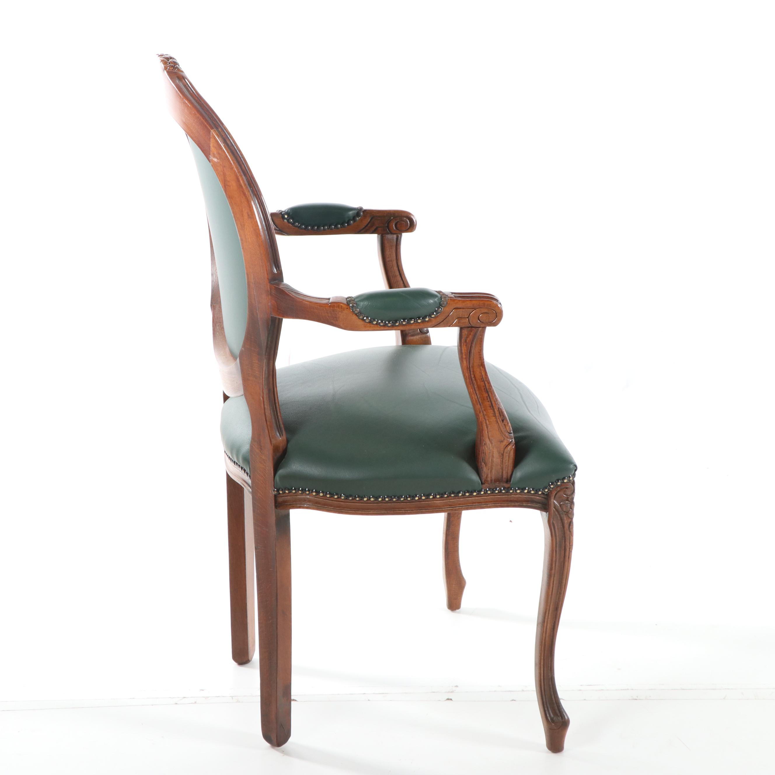 French Provincial Style Carved Wood Frame Leather Upholstered Armchair, 20th C.