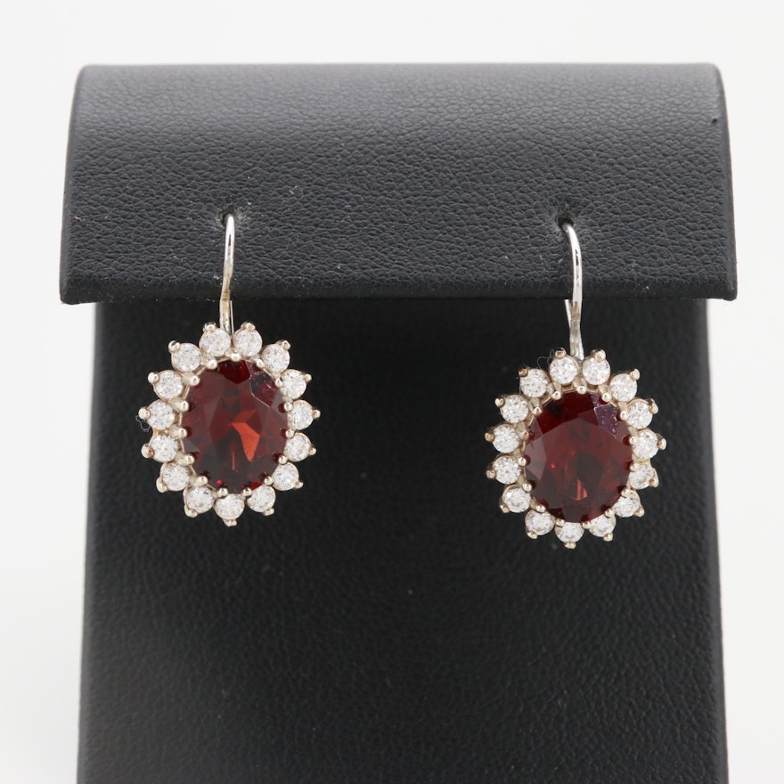 14K White Gold Garnet and Cubic Zirconia Drop Earrings