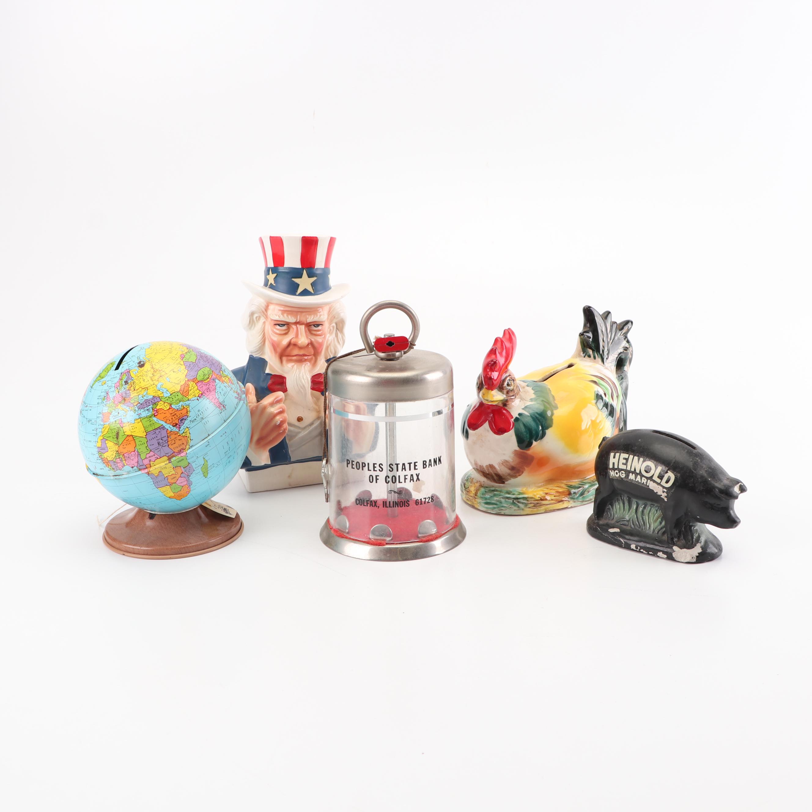 Tin Litho Globe, Ceramic Uncle Sam and Other Coin Banks