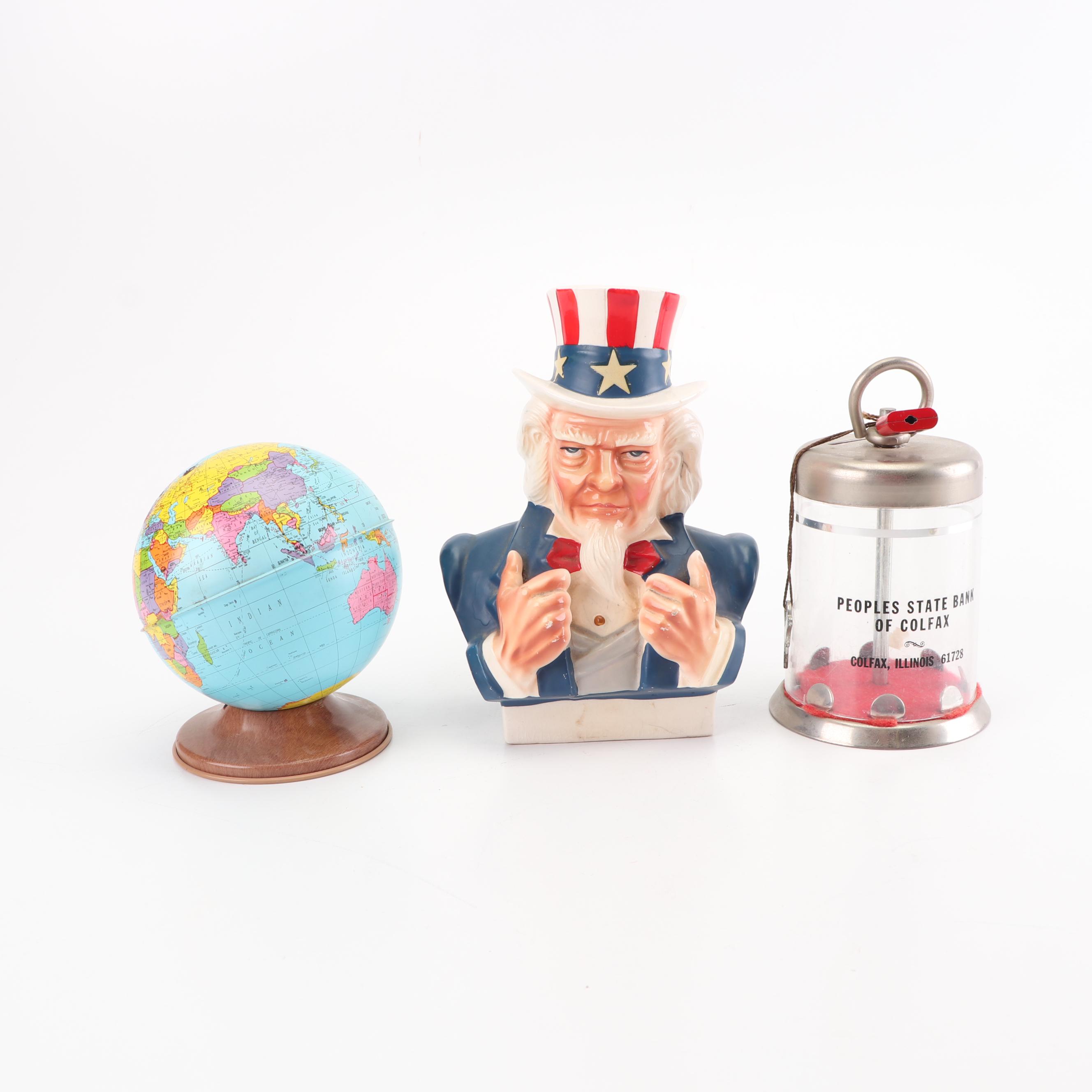 Tin Litho Globe, Ceramic Uncle Sam and Other Coin Banks