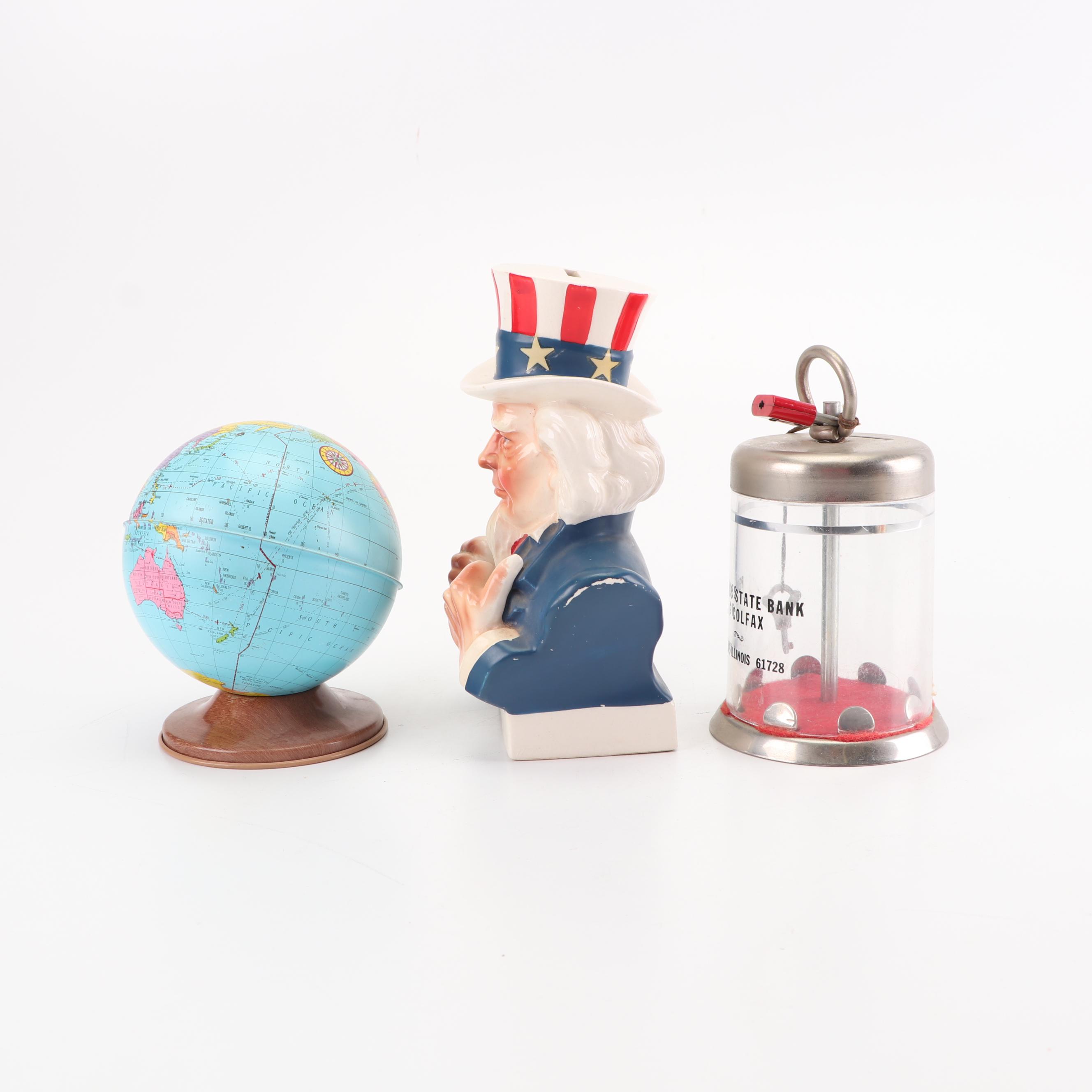 Tin Litho Globe, Ceramic Uncle Sam and Other Coin Banks
