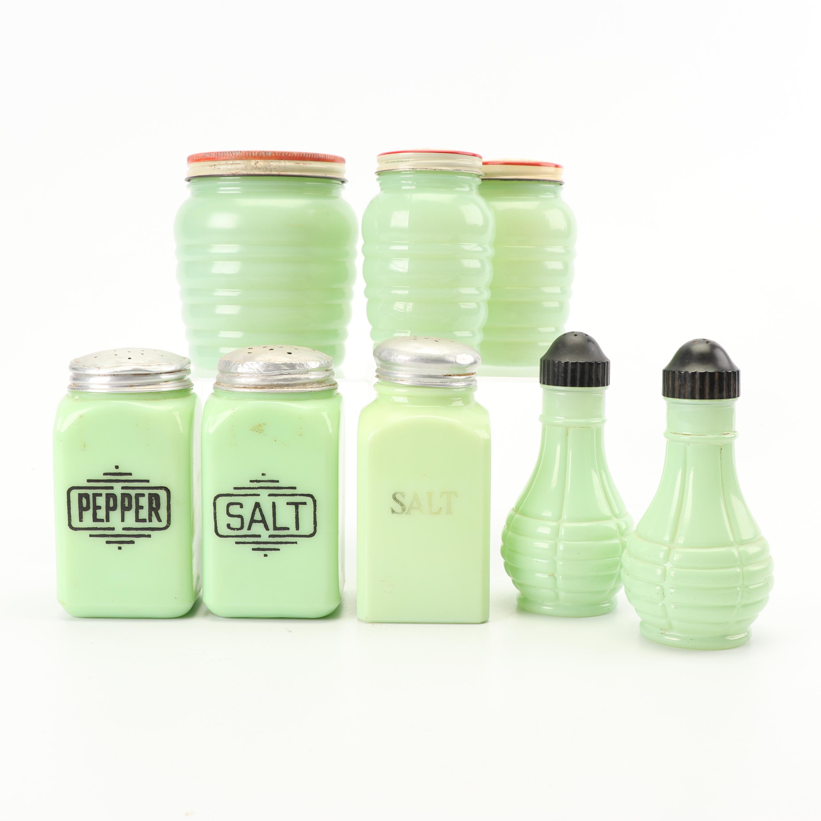Anchor Hocking "Jade-ite" Drip Jar and Shakers with Other Jadeite Shakers