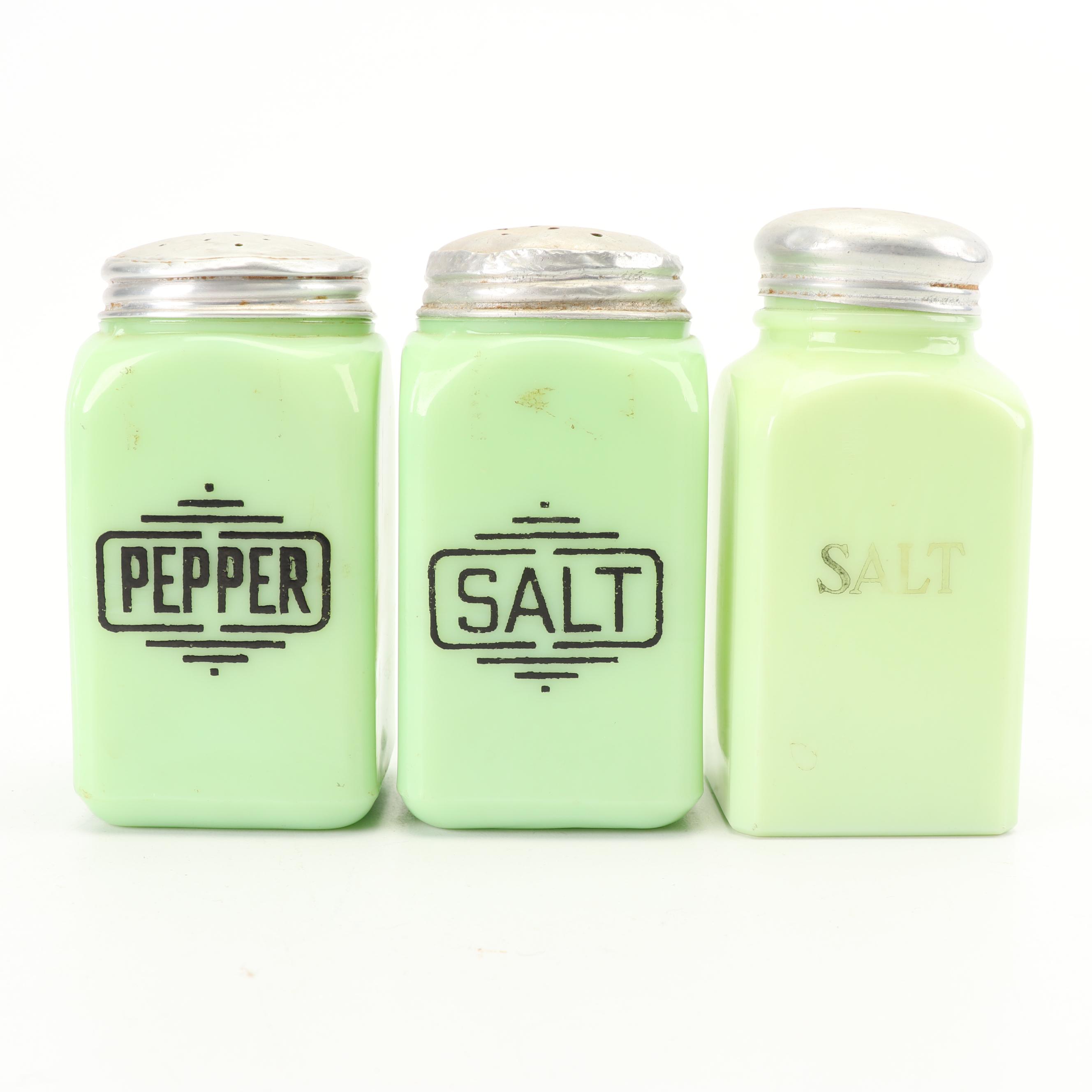 Anchor Hocking "Jade-ite" Drip Jar and Shakers with Other Jadeite Shakers