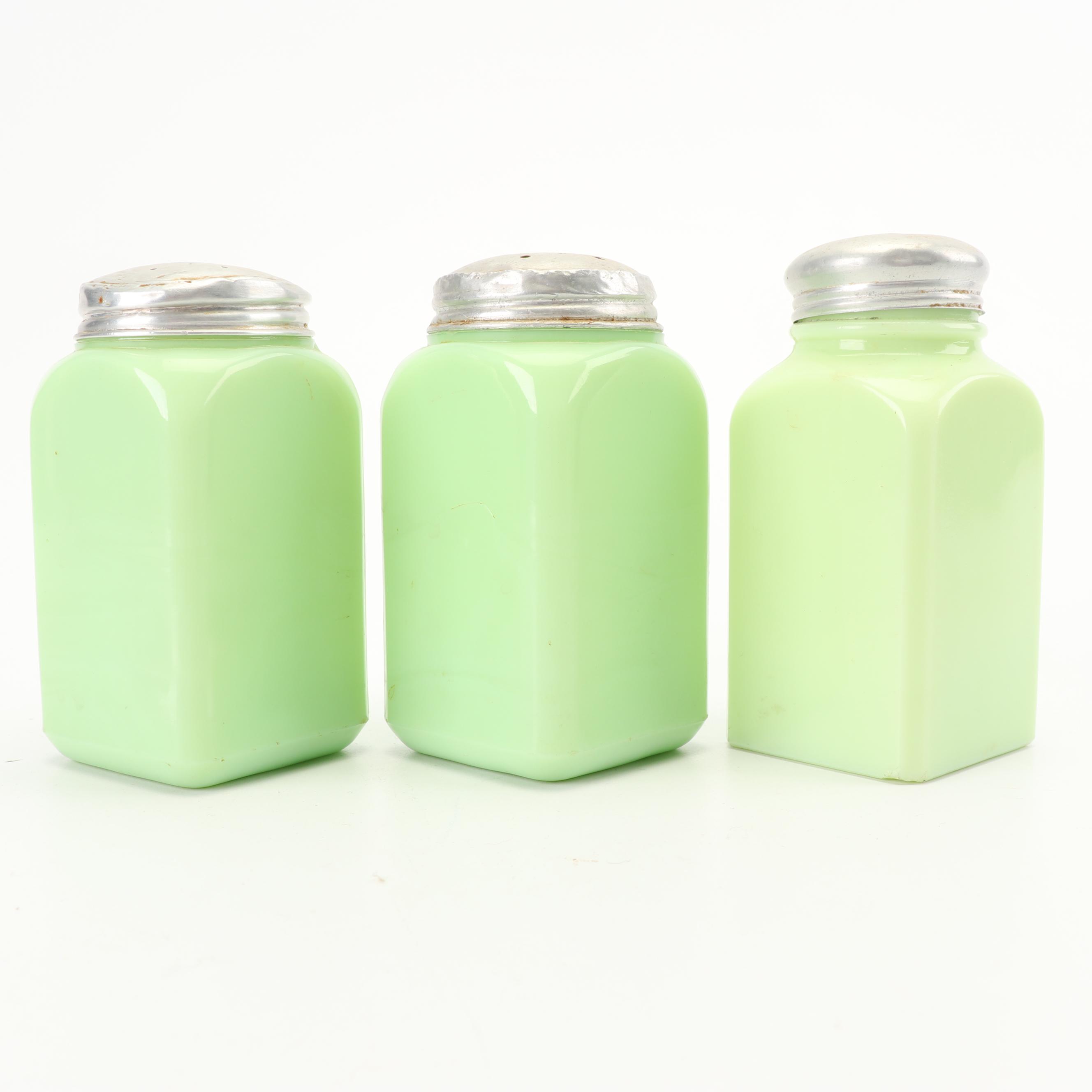 Anchor Hocking "Jade-ite" Drip Jar and Shakers with Other Jadeite Shakers