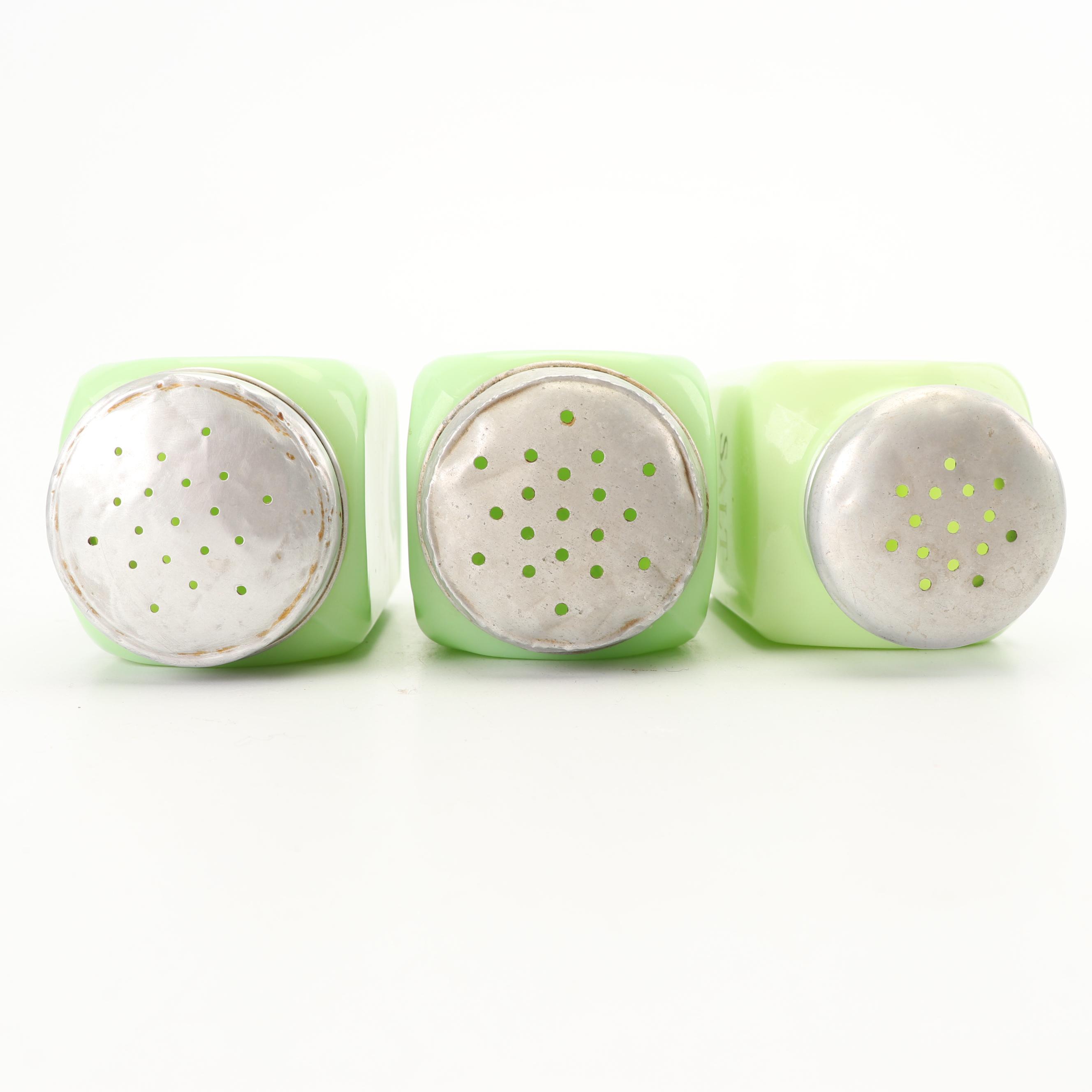 Anchor Hocking "Jade-ite" Drip Jar and Shakers with Other Jadeite Shakers