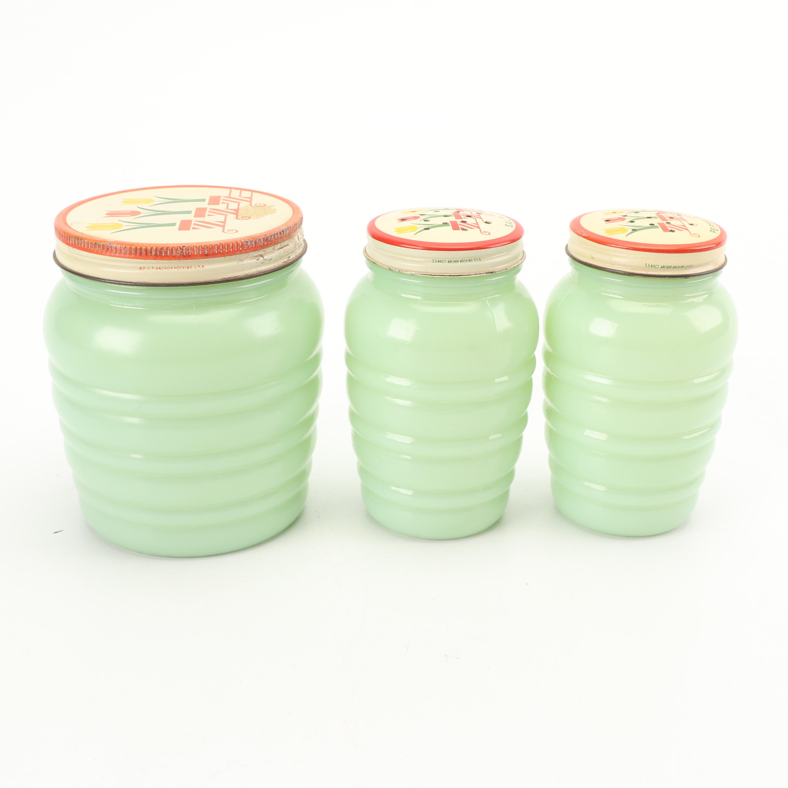 Anchor Hocking "Jade-ite" Drip Jar and Shakers with Other Jadeite Shakers