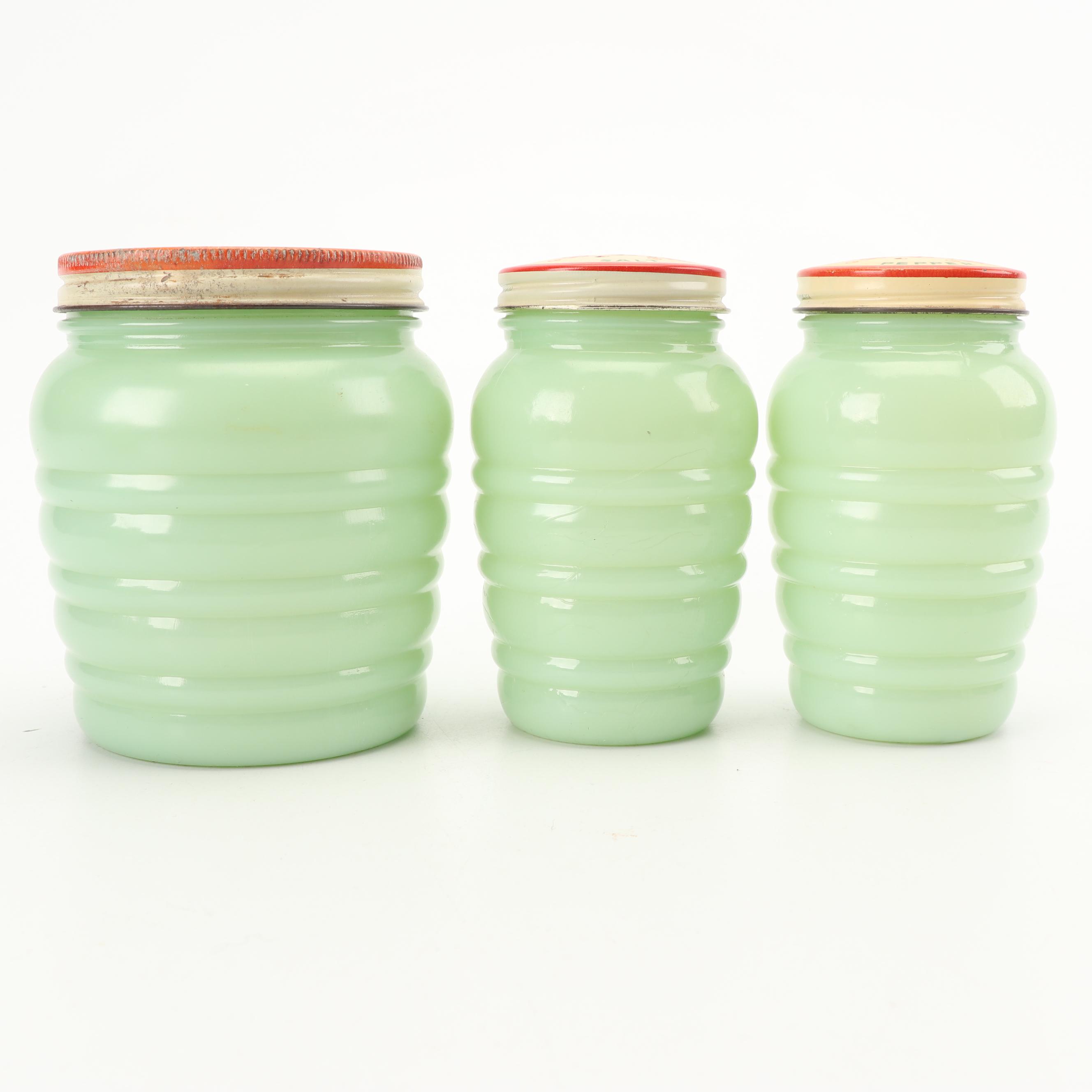 Anchor Hocking "Jade-ite" Drip Jar and Shakers with Other Jadeite Shakers