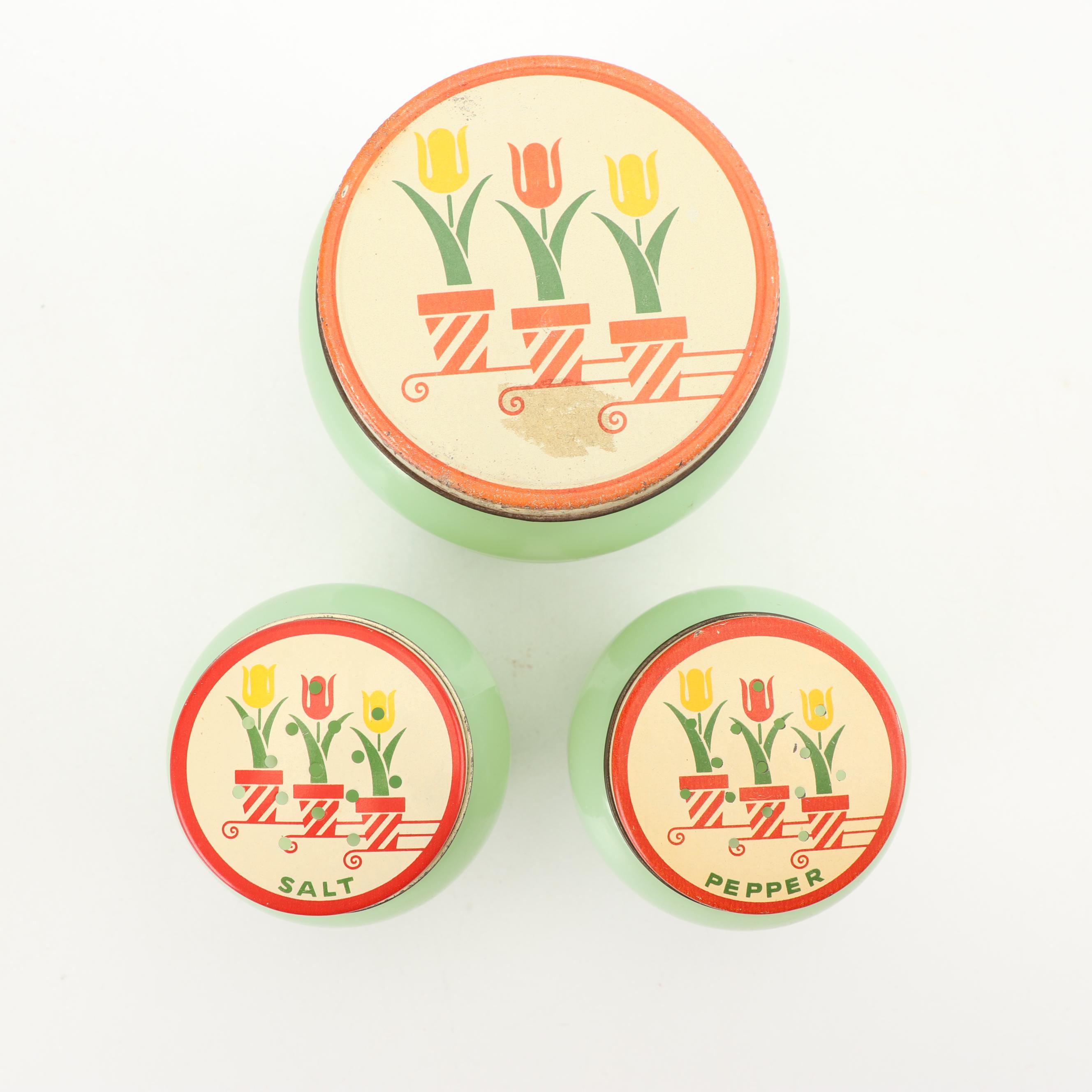 Anchor Hocking "Jade-ite" Drip Jar and Shakers with Other Jadeite Shakers