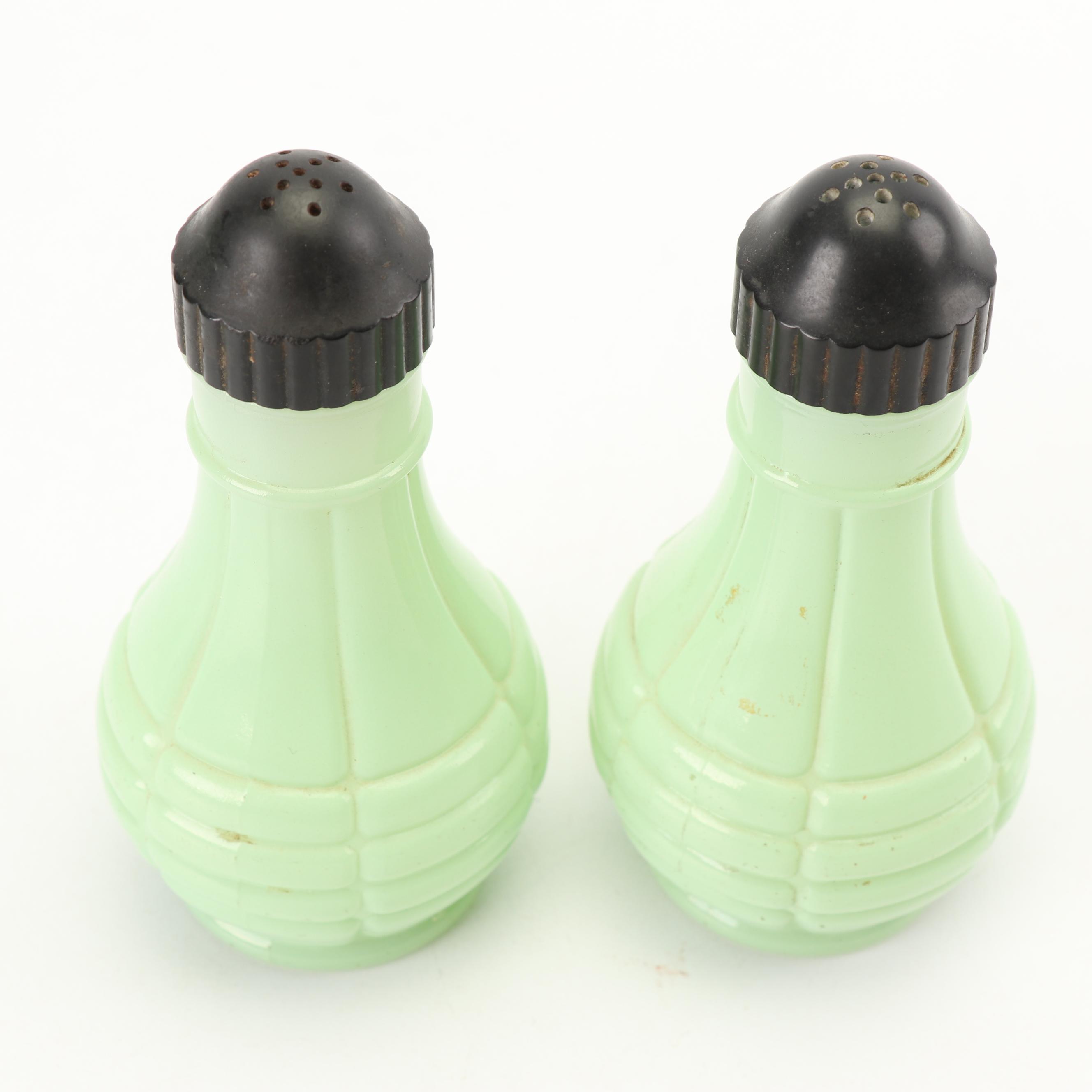 Anchor Hocking "Jade-ite" Drip Jar and Shakers with Other Jadeite Shakers