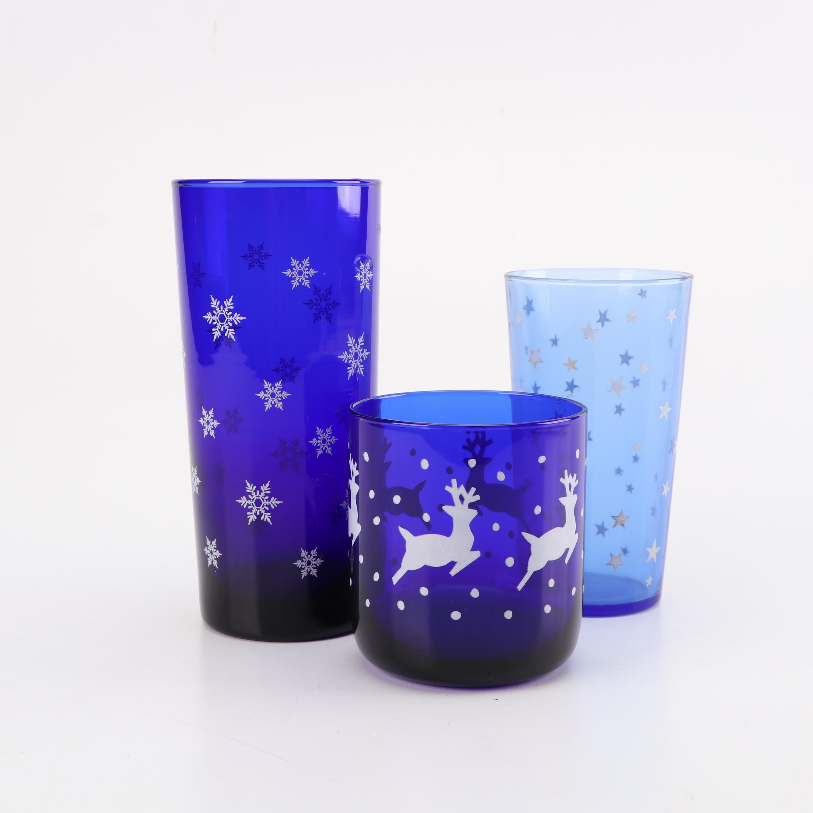 Vintage Cobalt Star, Snowflake and Reindeer Motif Glassware featuring Libbey