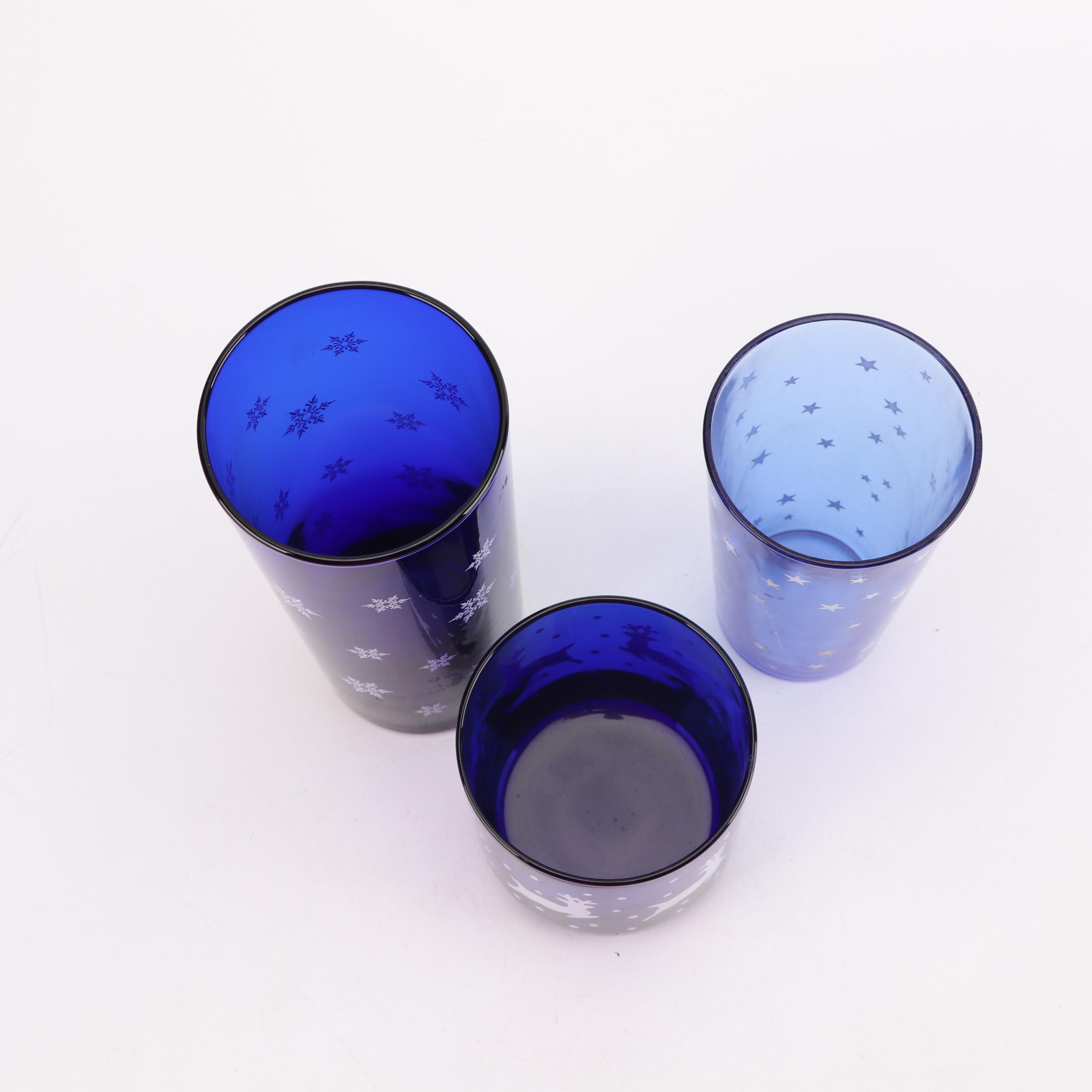 Vintage Cobalt Star, Snowflake and Reindeer Motif Glassware featuring Libbey