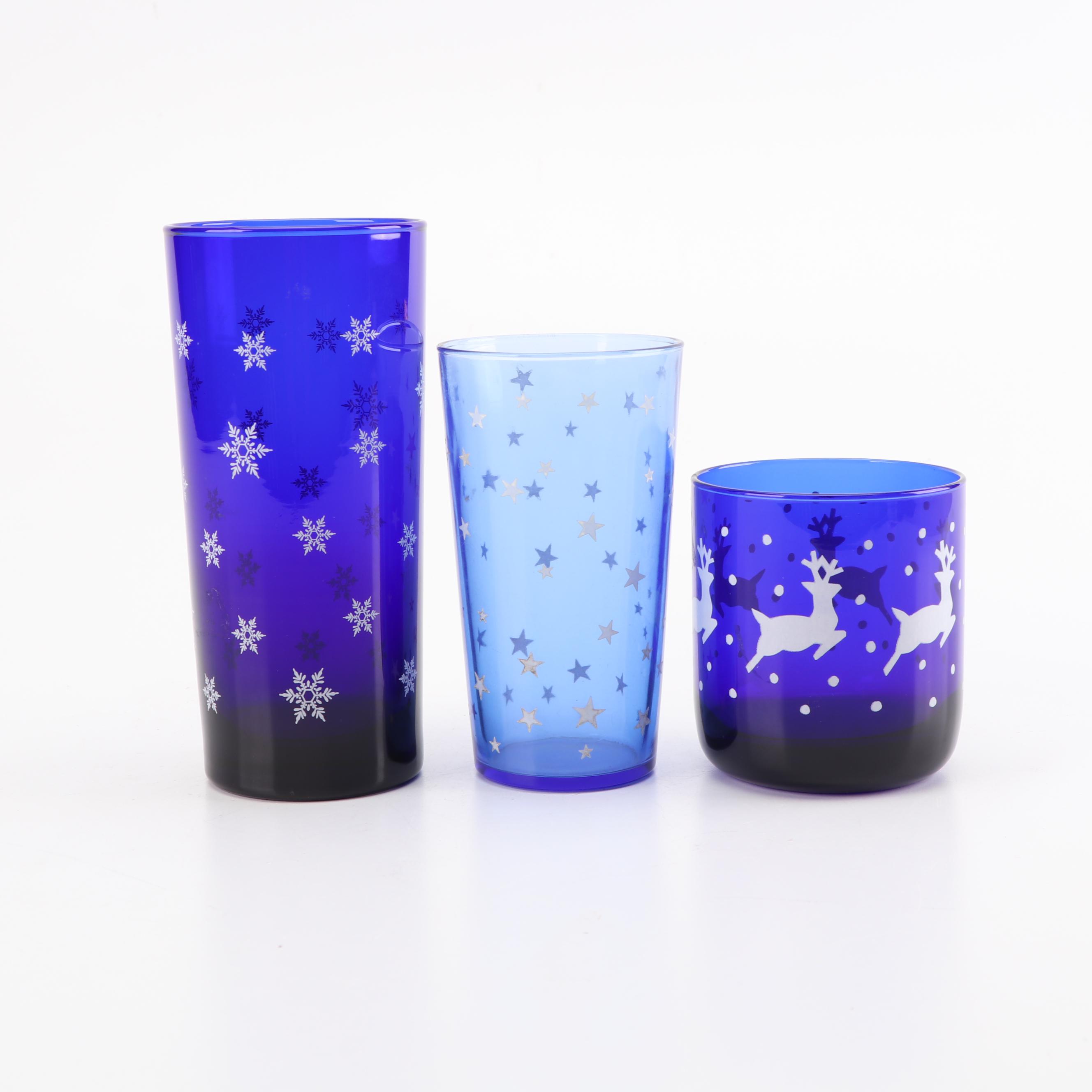 Vintage Cobalt Star, Snowflake and Reindeer Motif Glassware featuring Libbey