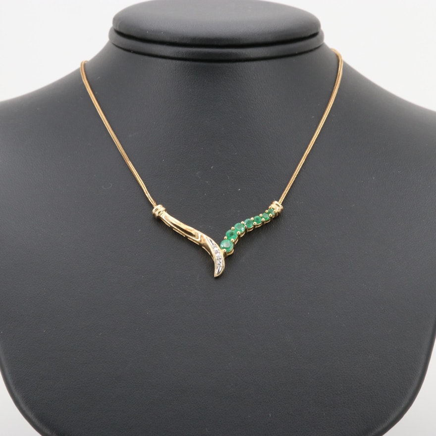 10K Gold Split Chain Emerald and Diamond Necklace