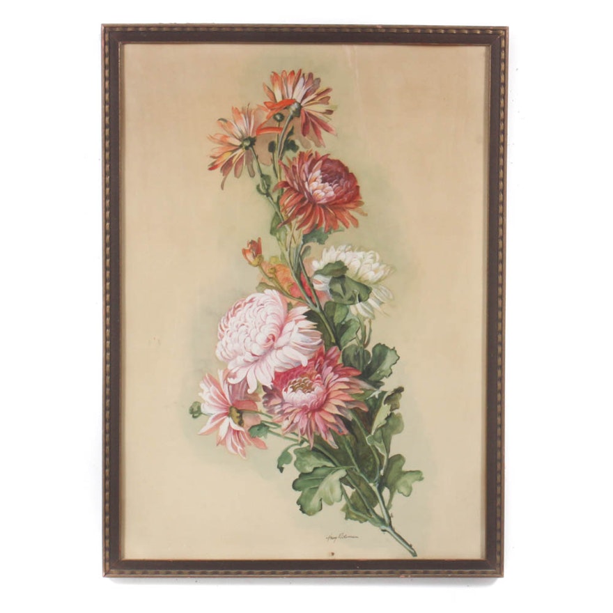 Watercolor Painting of Chrysanthemums, Early 20th Century