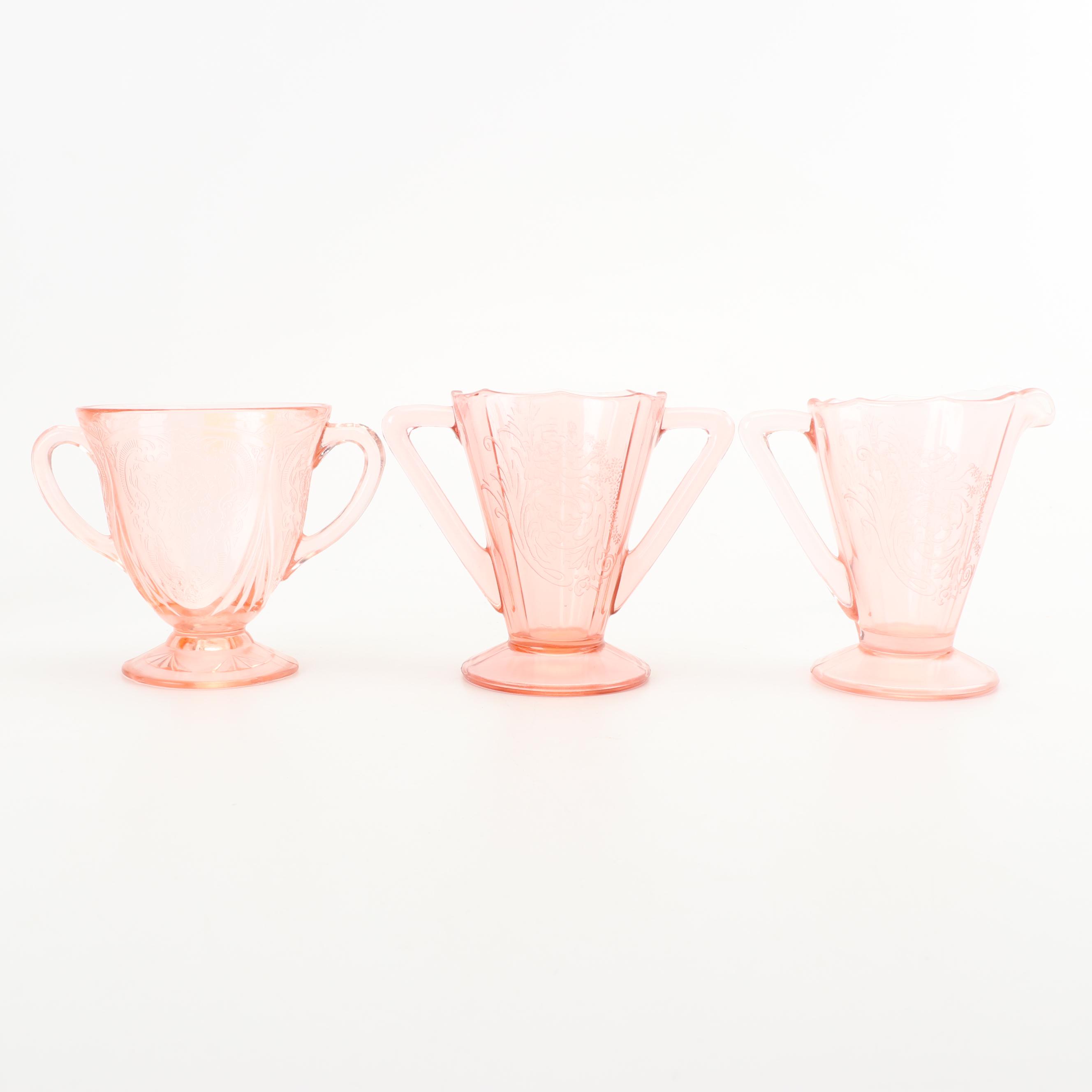 Pink Depression Glass Serveware including Hazel-Atlas "Royal Lace"
