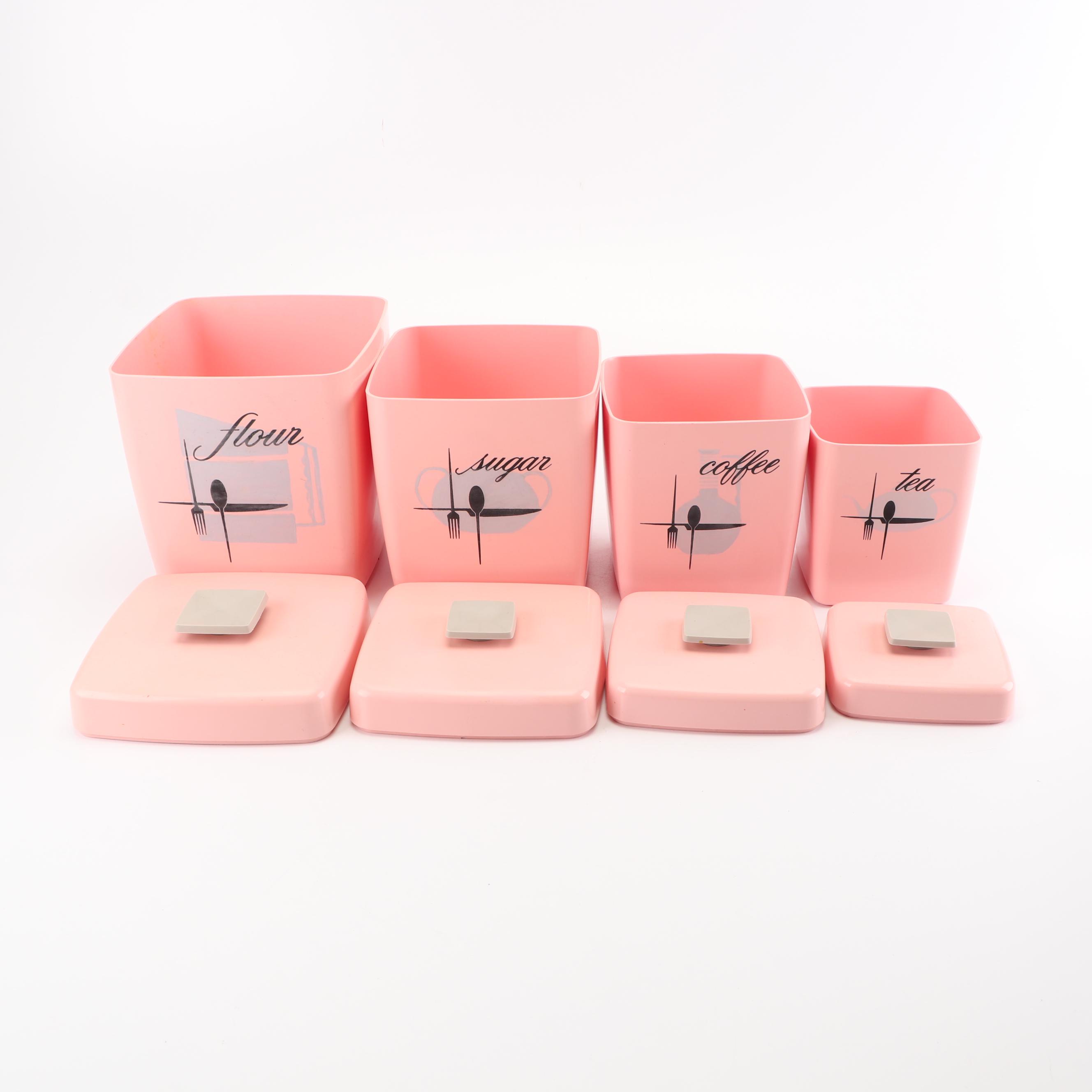 Pink Plastic Kitchen Canisters, Mid-Century