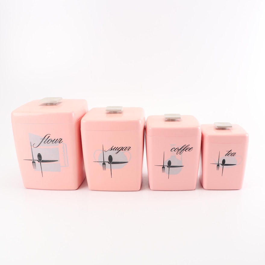 Pink Plastic Kitchen Canisters, Mid-Century