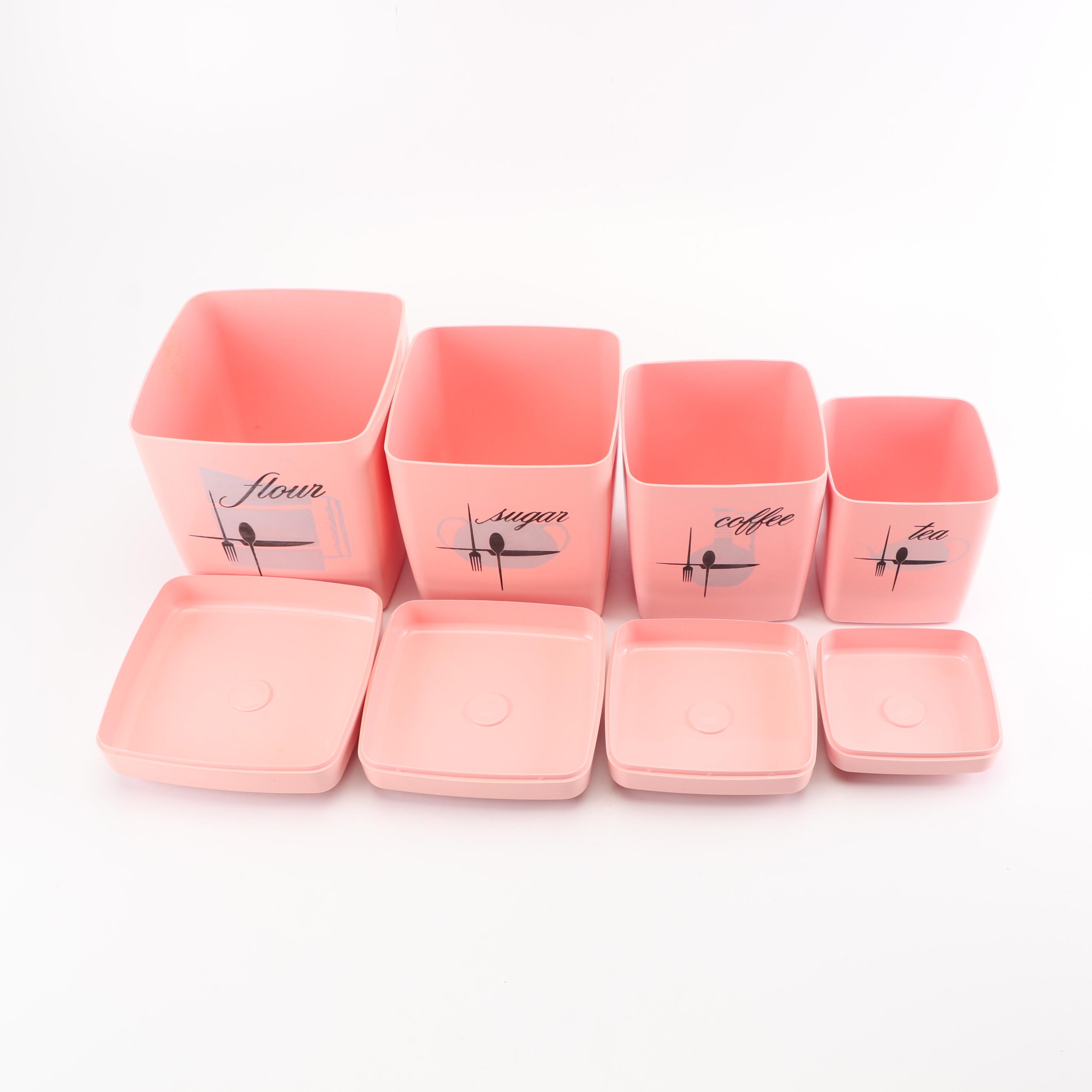 Pink Plastic Kitchen Canisters, Mid-Century