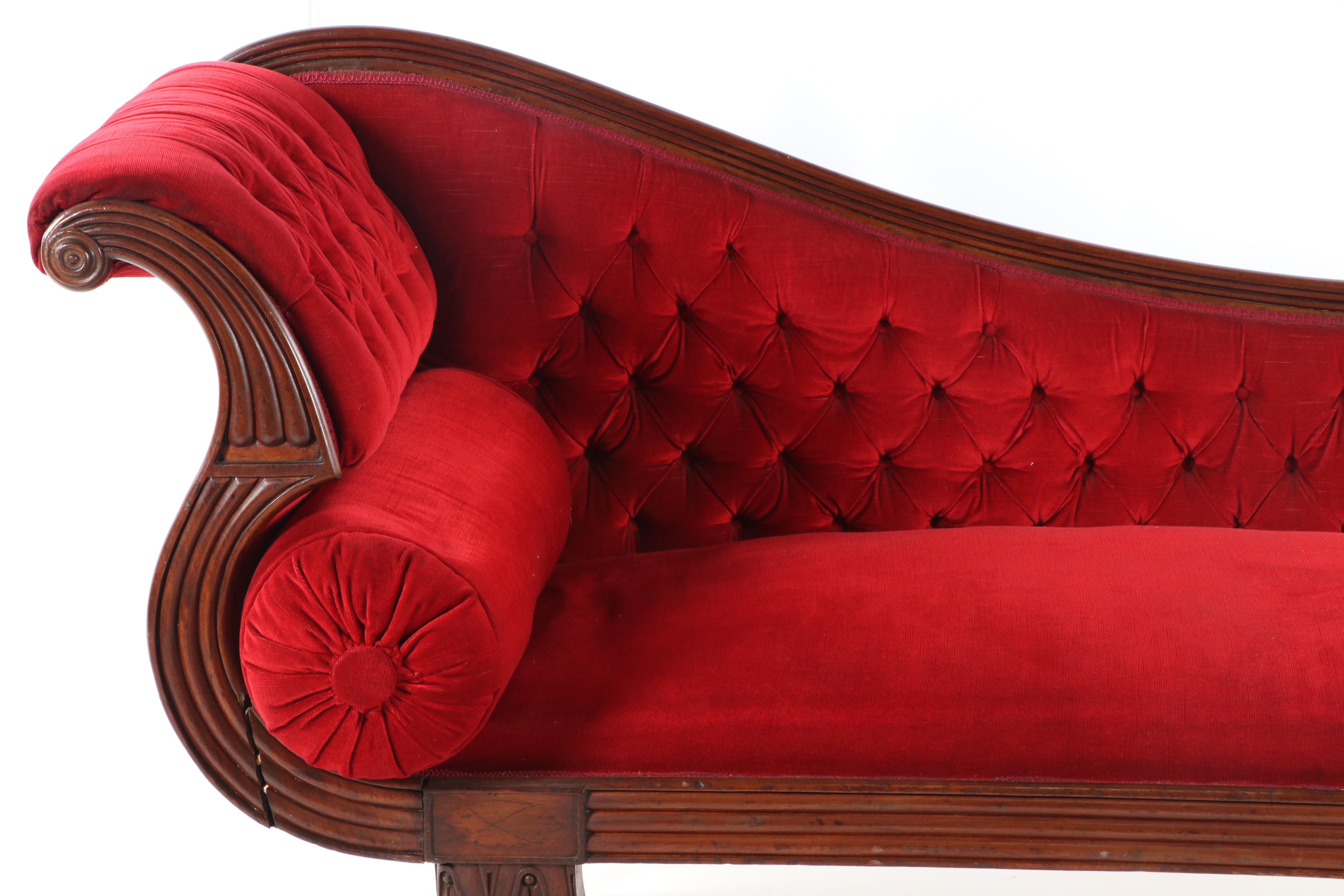 American Empire Style Button-Tufted Upholstered Chaise Lounge, Early 20th C.