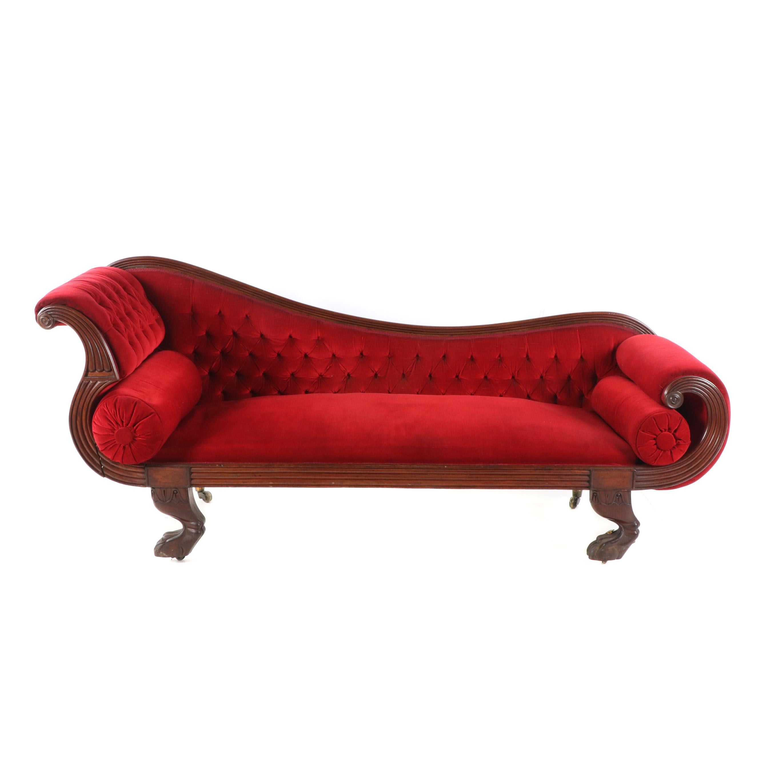 American Empire Style Button-Tufted Upholstered Chaise Lounge, Early 20th C.