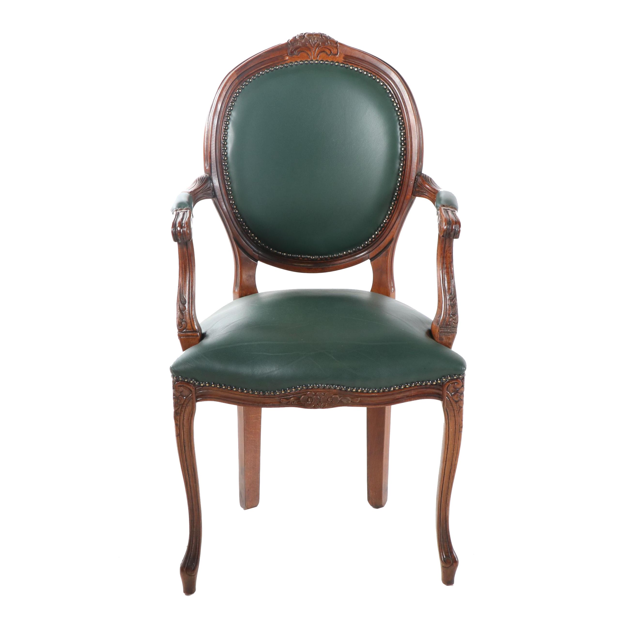 French Provincial Style Carved Wood Frame Leather Upholstered Armchair, 20th C.