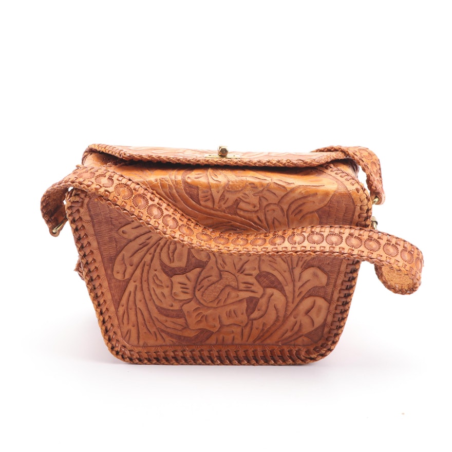 Vintage Brown Tooled Leather Handbag