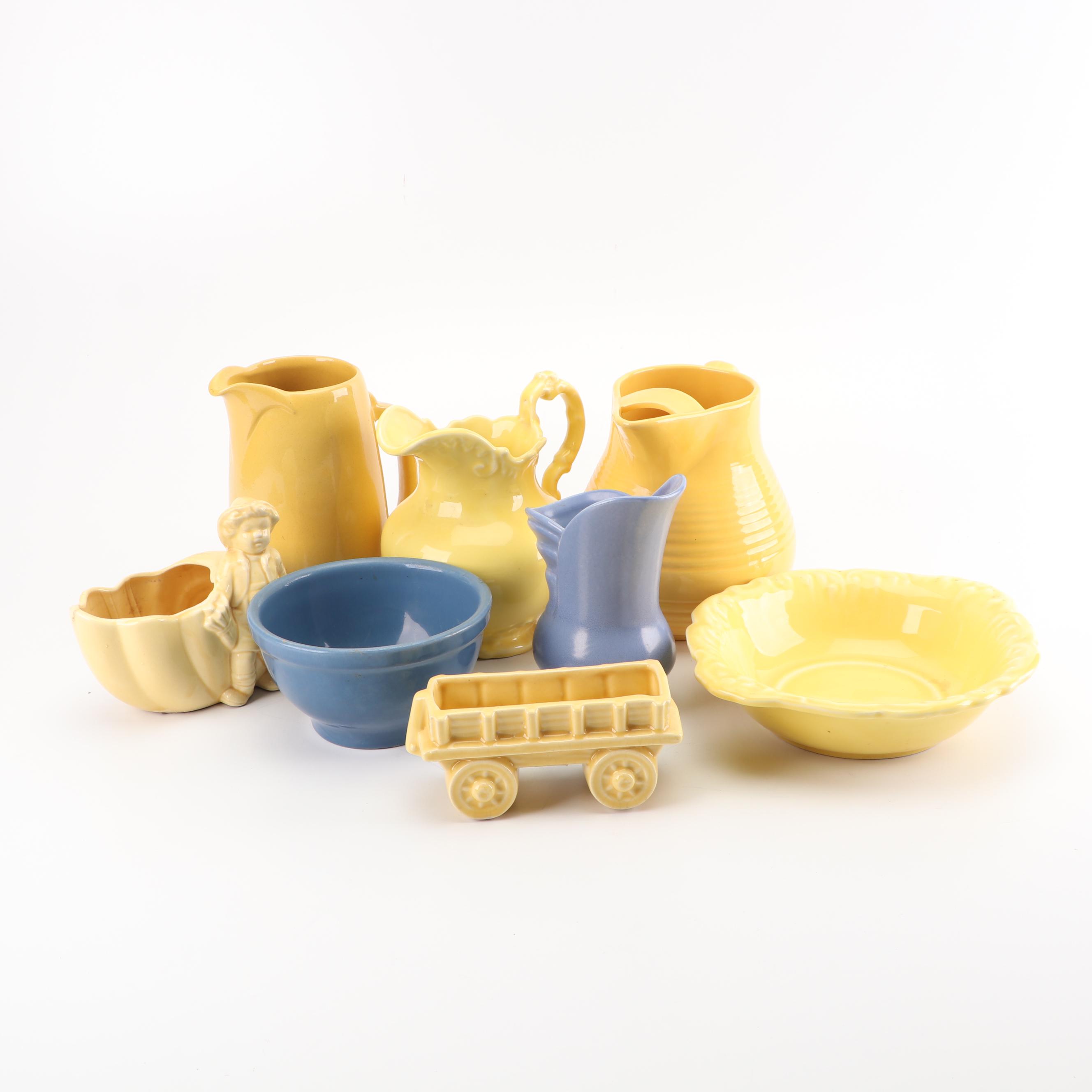 Redwing Vase, Bauer and Frankoma Pitchers and Metlox Bowl