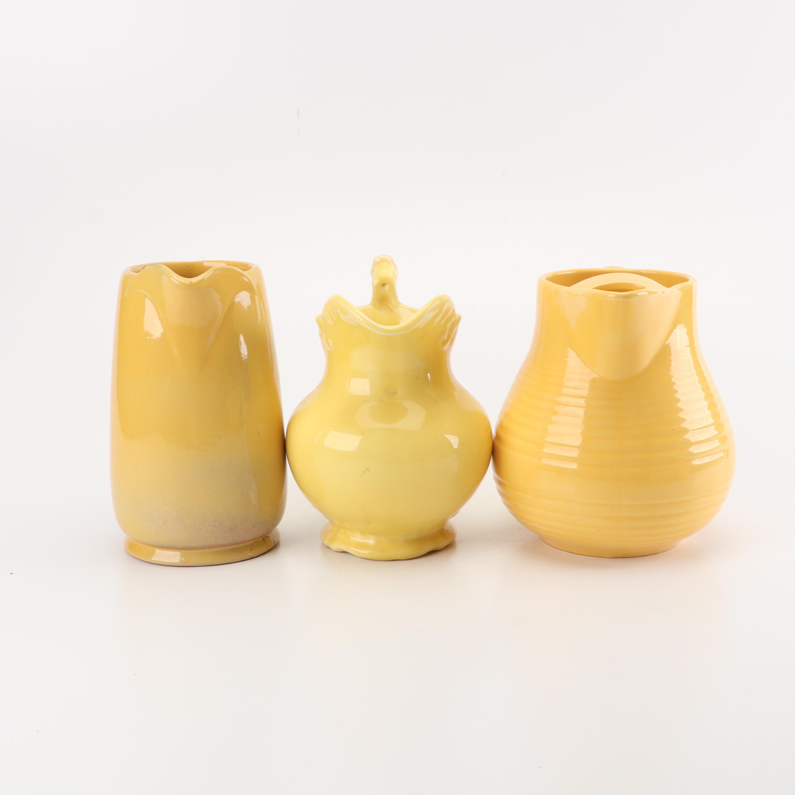 Redwing Vase, Bauer and Frankoma Pitchers and Metlox Bowl