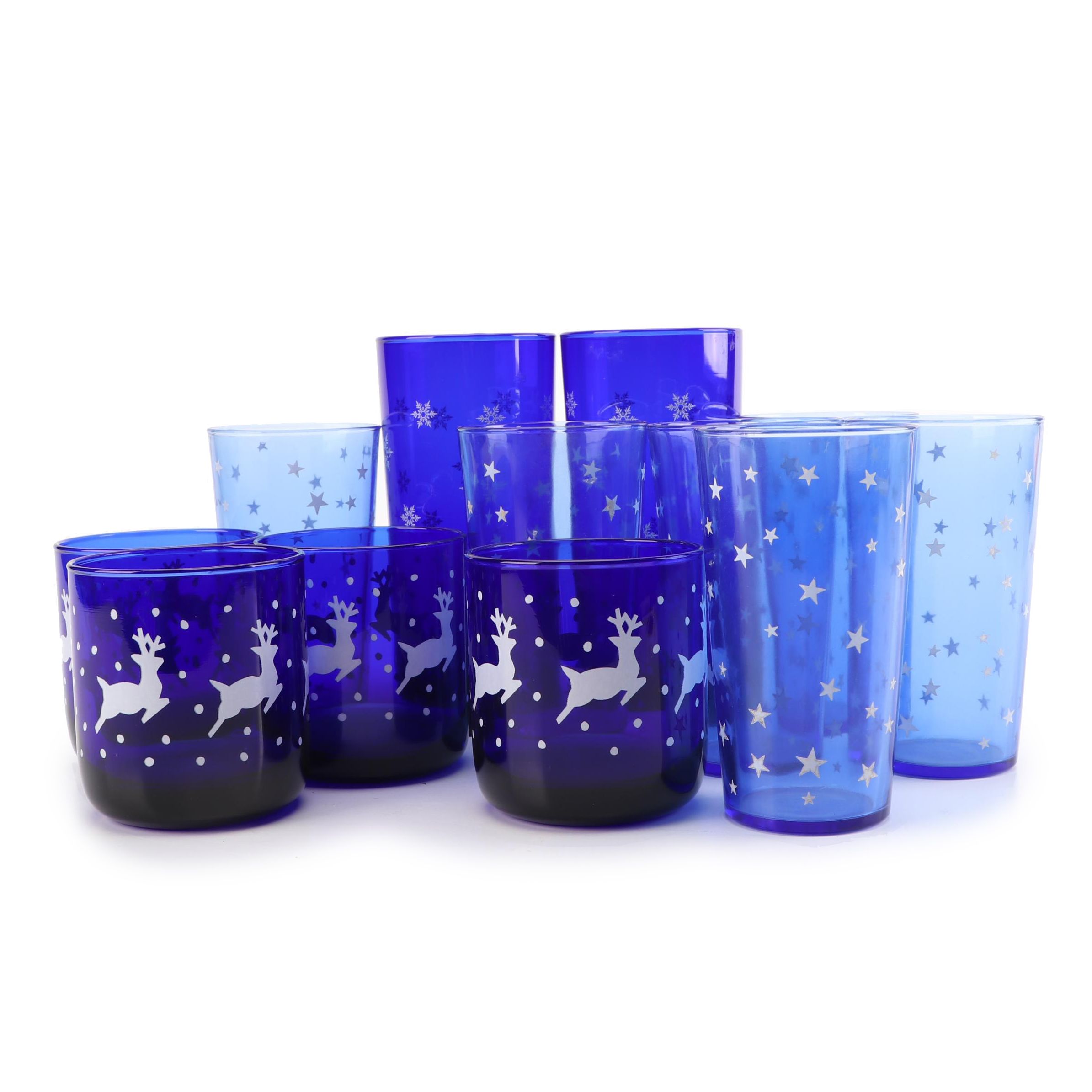 Vintage Cobalt Star, Snowflake and Reindeer Motif Glassware featuring Libbey
