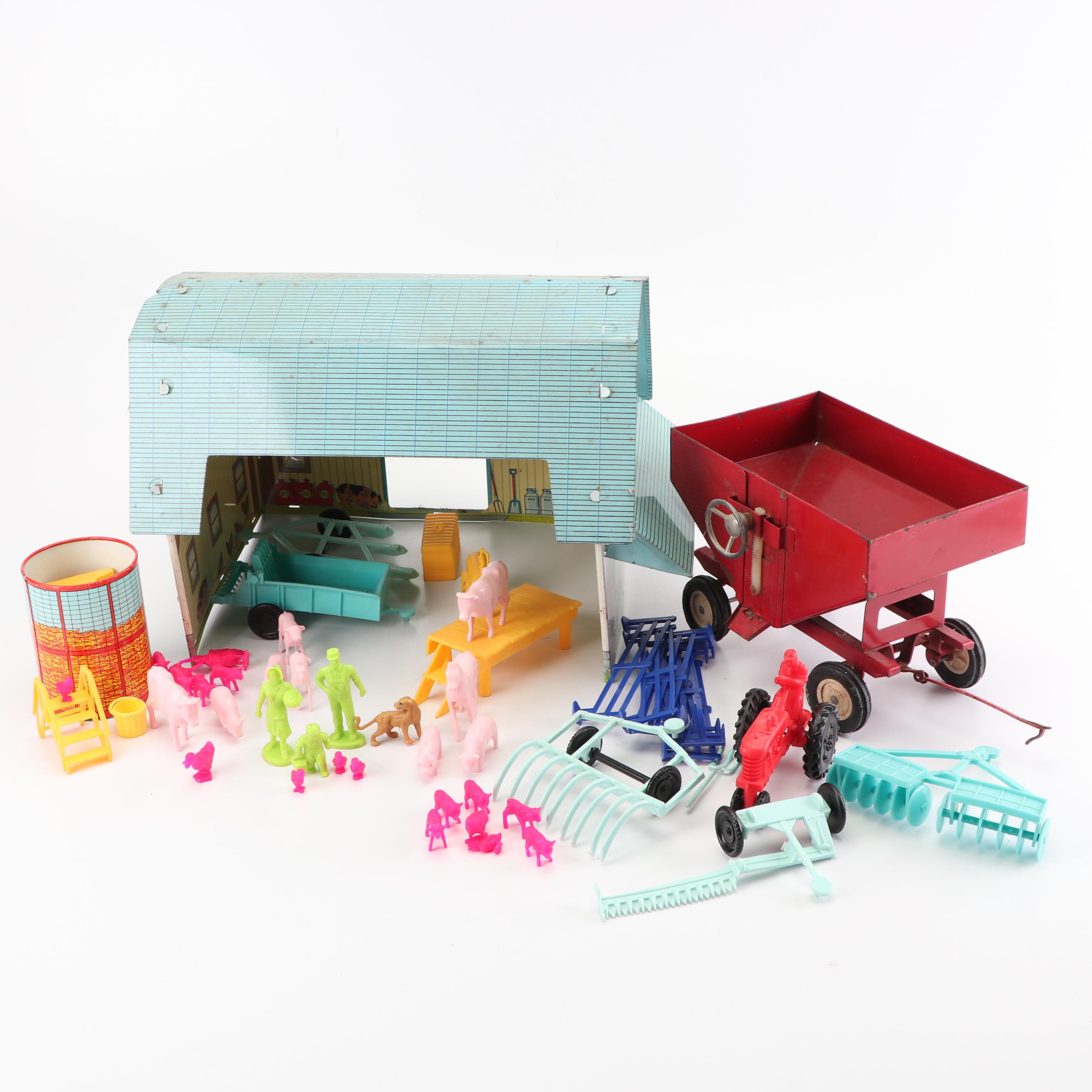 "Valley View Farm" Toy Set including Barn, Equipment, and Animals, Mid-20th C.
