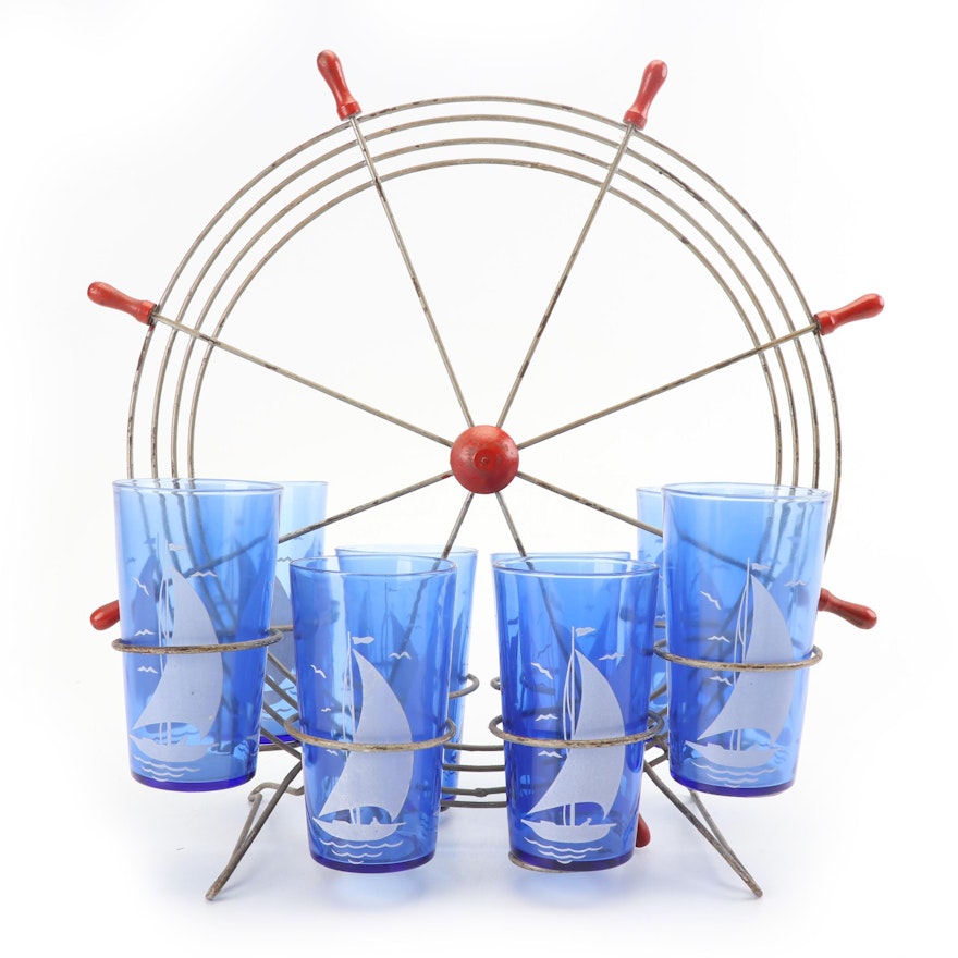 Hazel-Atlas "Ships" Iced Tea Glasses with Ship's Wheel Style Caddy