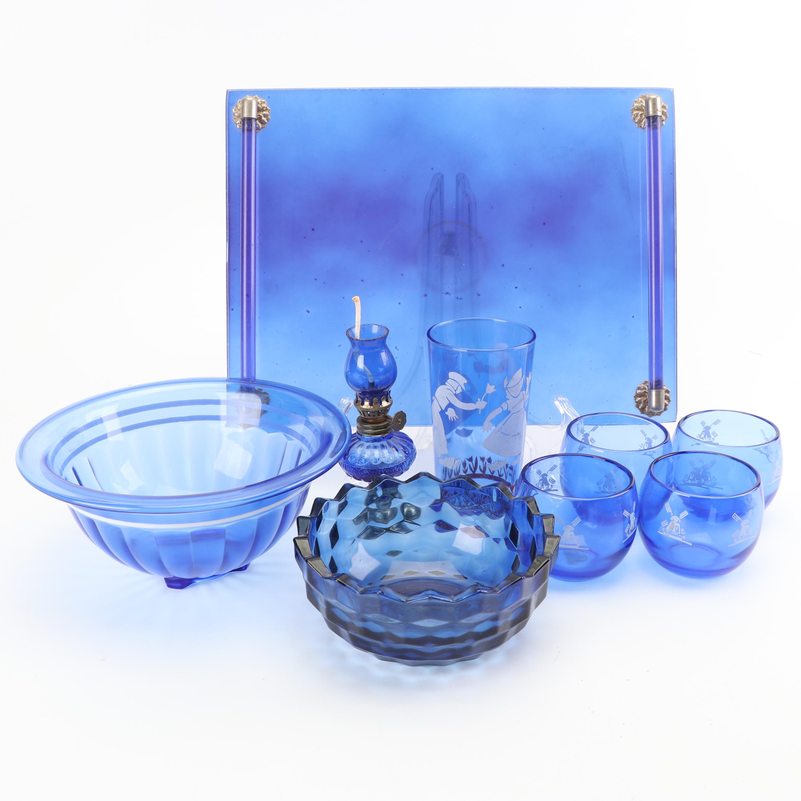 Cobalt Glass Serveware and Oil Lamp featuring Colony, with Hazel Atlas