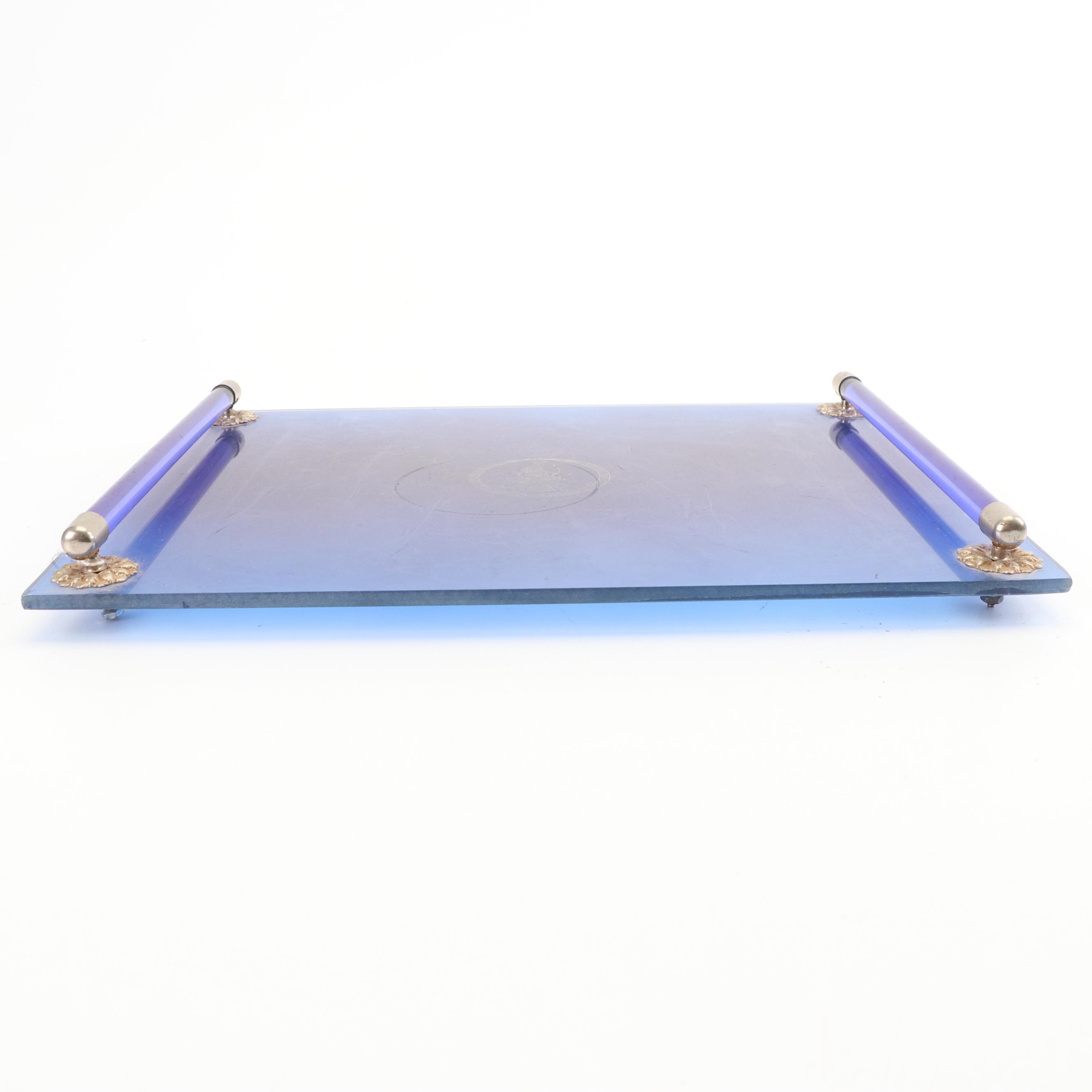 Cobalt Glass Serveware and Oil Lamp featuring Colony, with Hazel Atlas