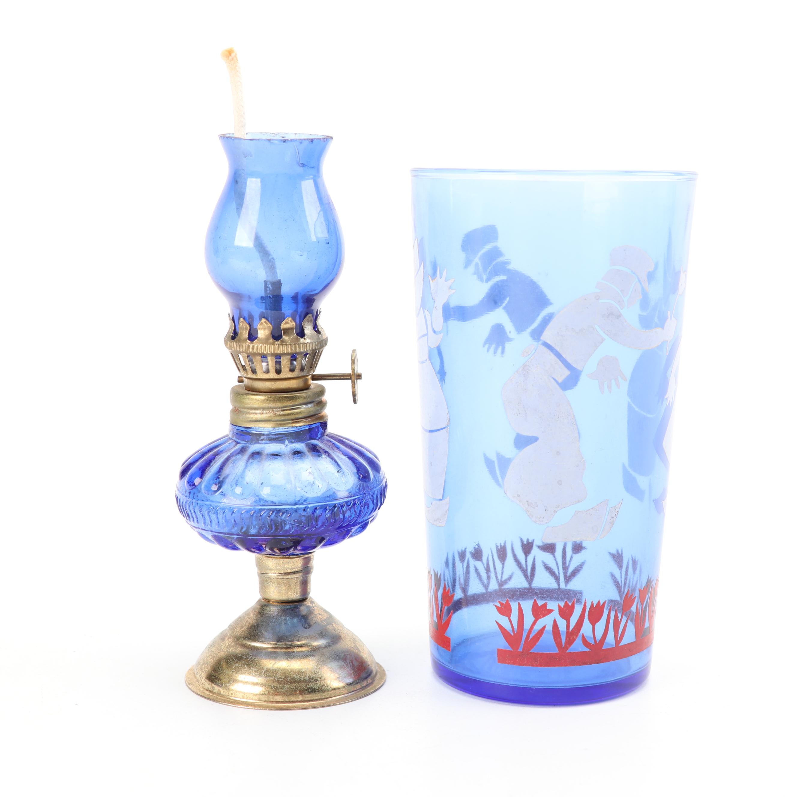 Cobalt Glass Serveware and Oil Lamp featuring Colony, with Hazel Atlas