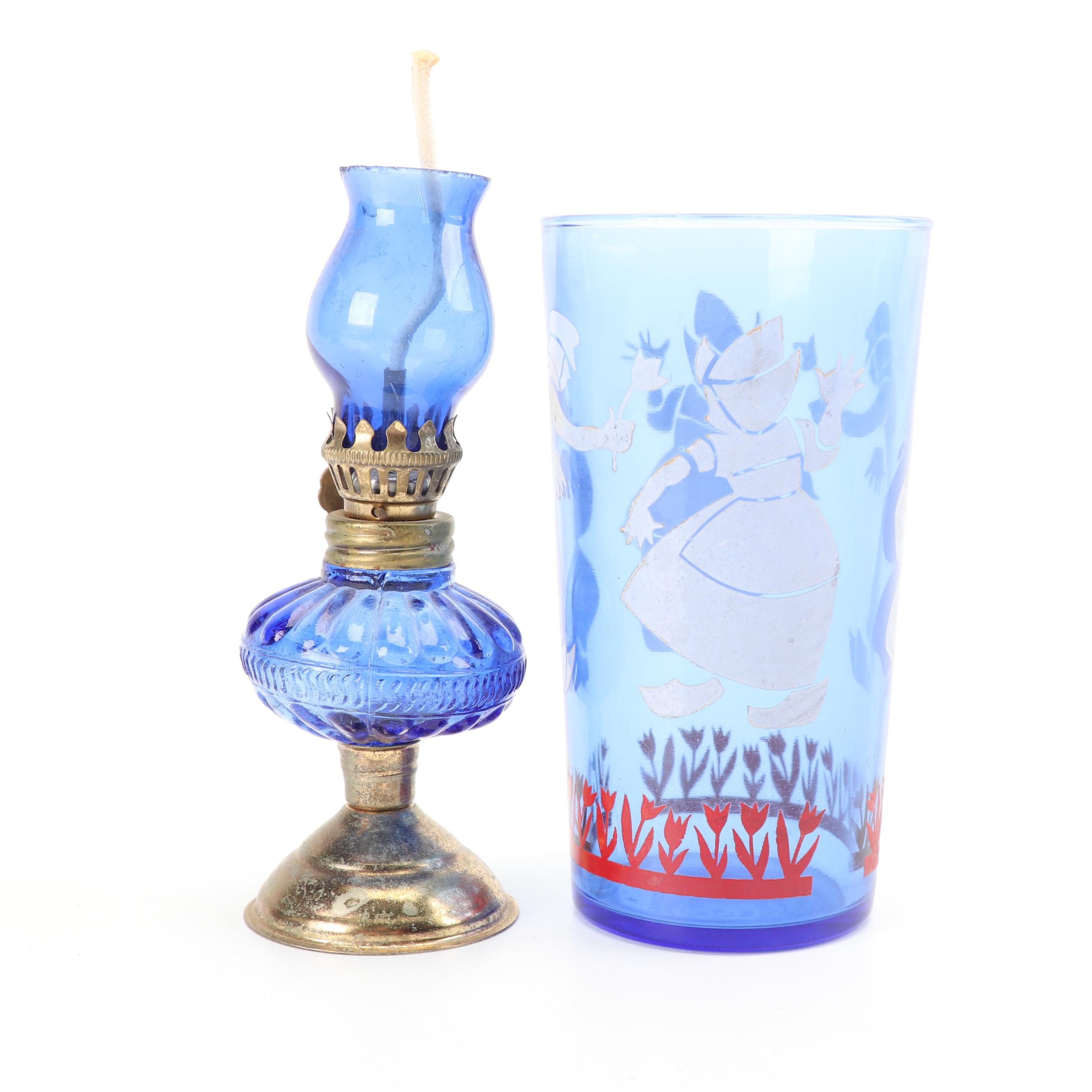 Cobalt Glass Serveware and Oil Lamp featuring Colony, with Hazel Atlas